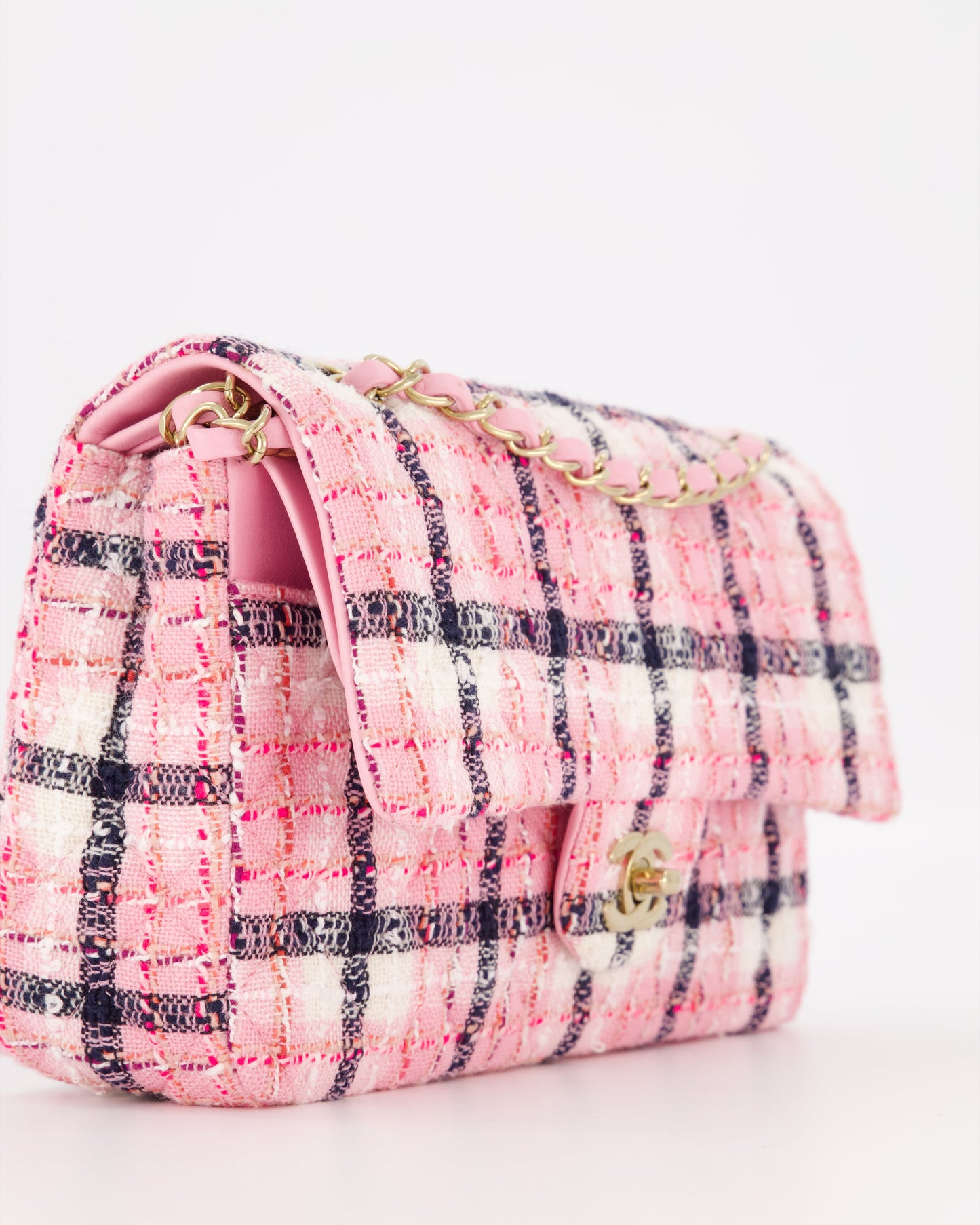 Chanel White, Pink & Black Multicolour Tweed Medium Classic Double Flap Bag with Champagne Gold Hardware