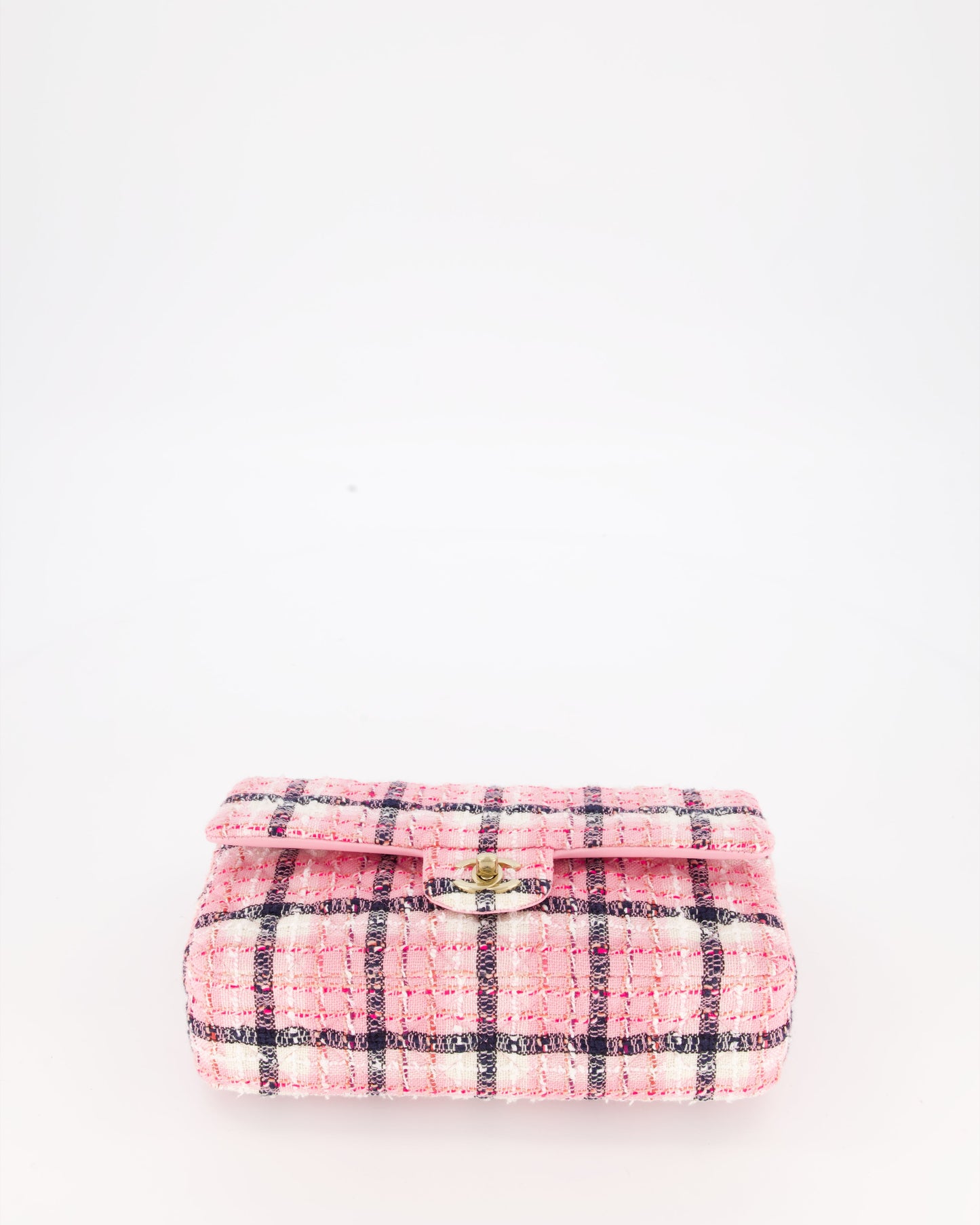 Chanel White, Pink & Black Multicolour Tweed Medium Classic Double Flap Bag with Champagne Gold Hardware