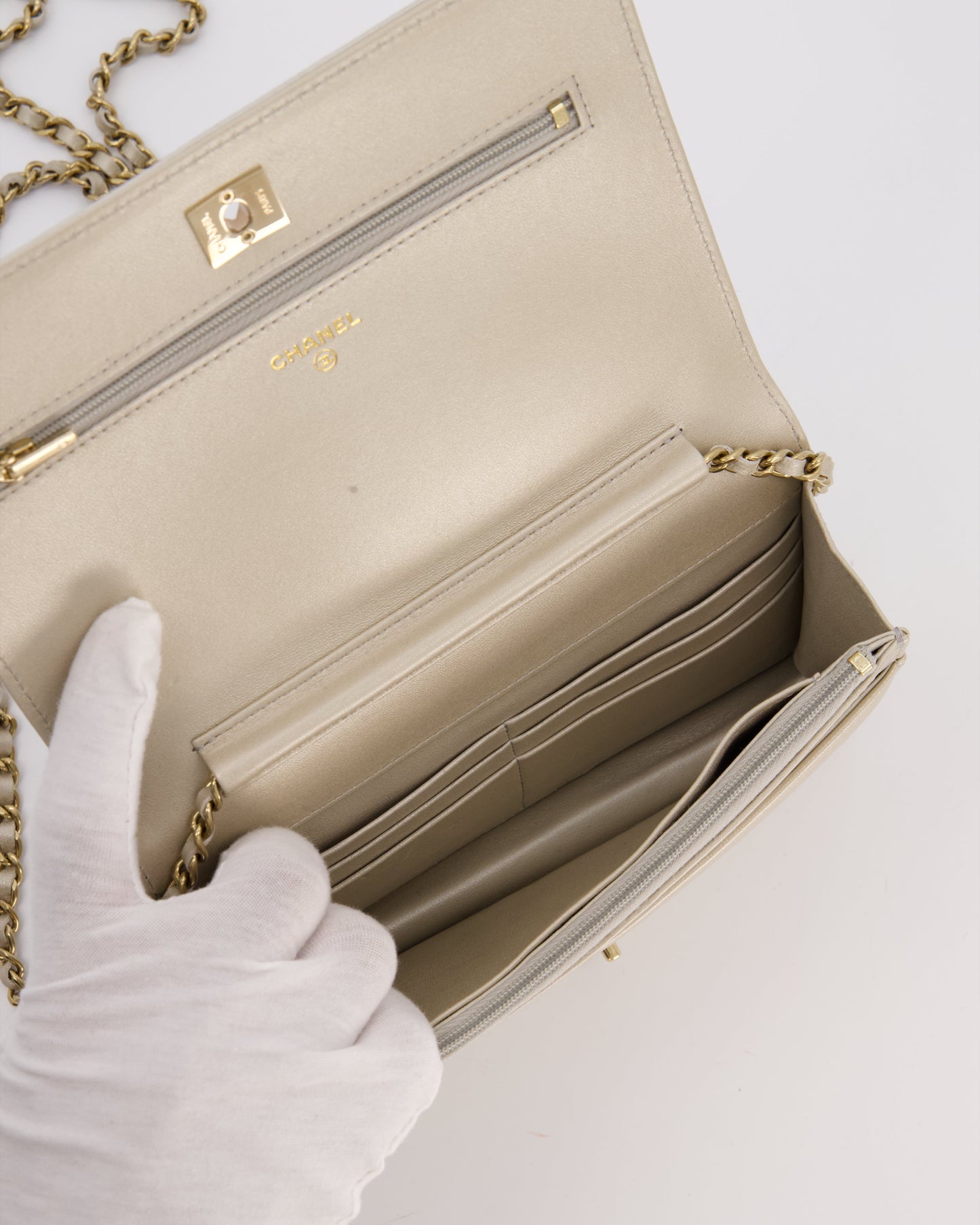 Chanel Silver Cruise Wallet on Chain Bag in Lambskin Leather with Sequin Embroidered and Champagne Gold Hardware