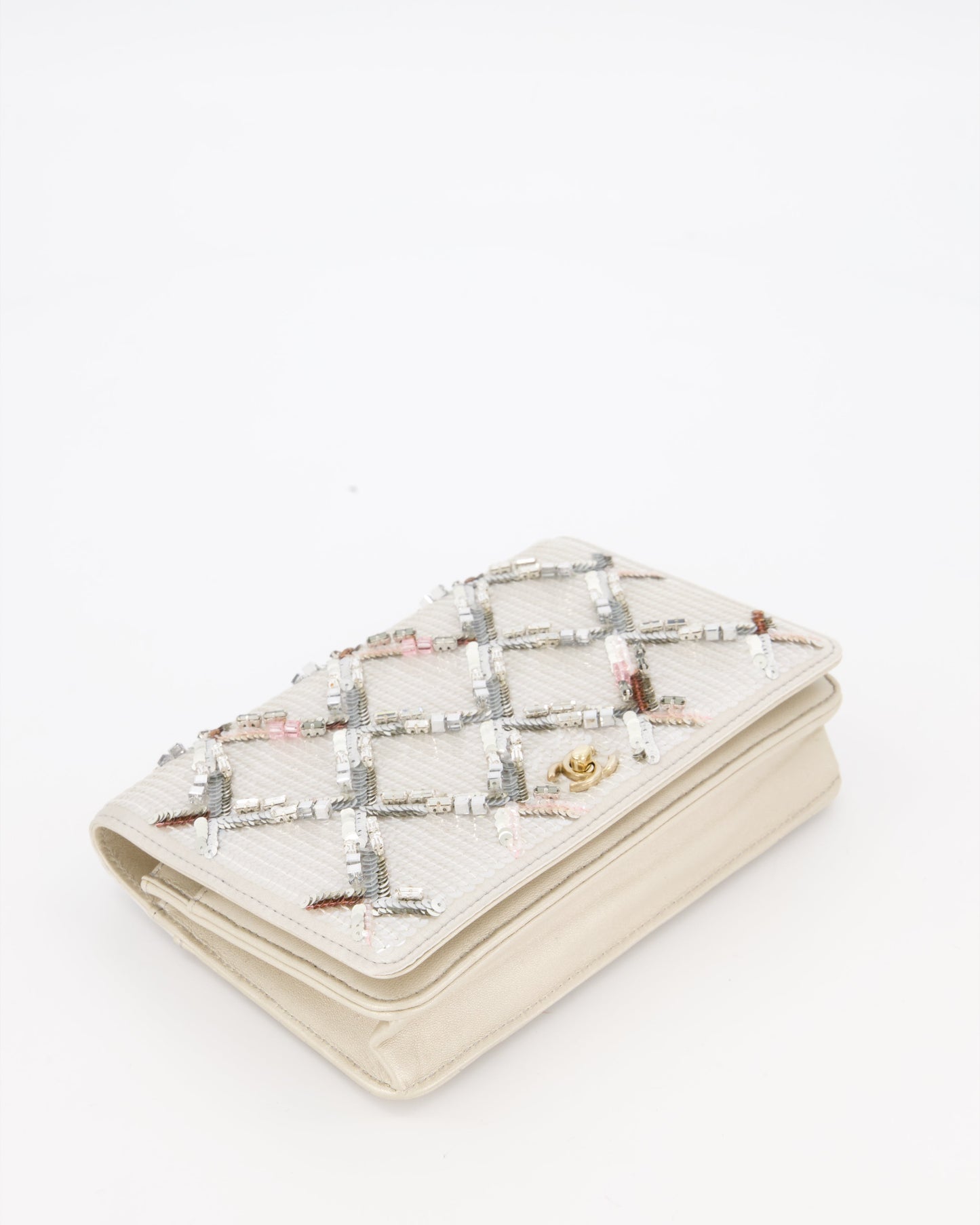 Chanel Silver Cruise Wallet on Chain Bag in Lambskin Leather with Sequin Embroidered and Champagne Gold Hardware