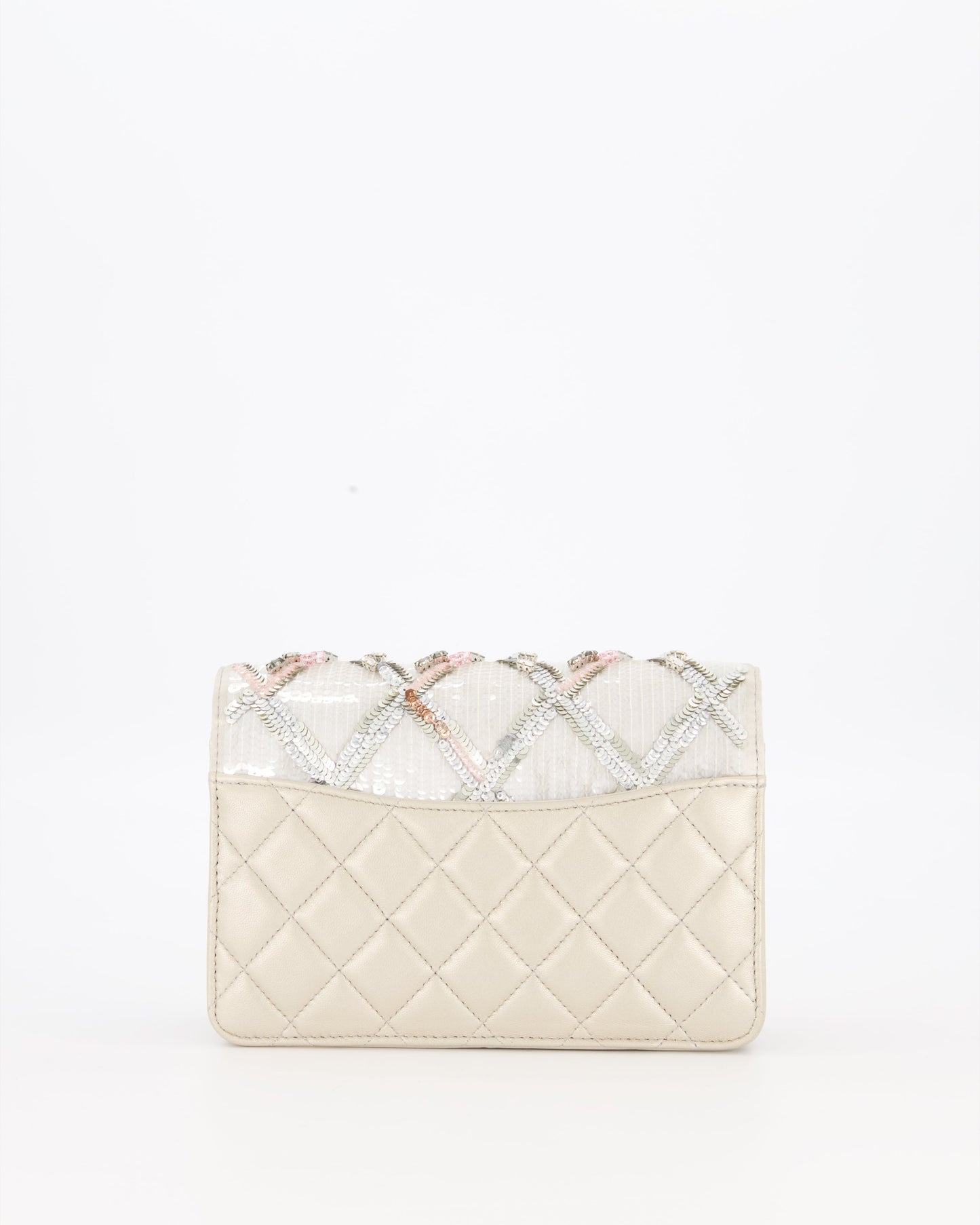 Chanel Silver Cruise Wallet on Chain Bag in Lambskin Leather with Sequin Embroidered and Champagne Gold Hardware