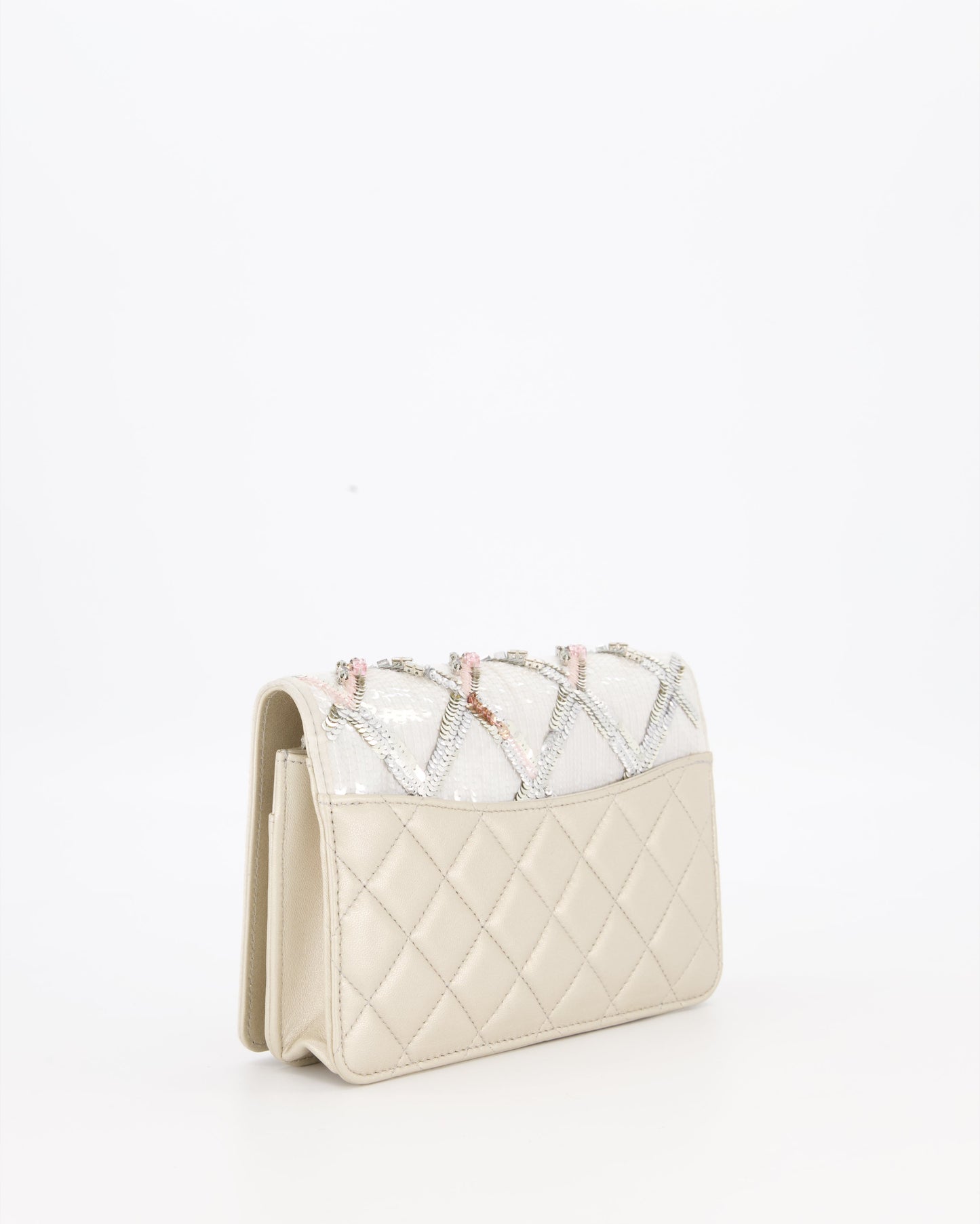 Chanel Silver Cruise Wallet on Chain Bag in Lambskin Leather with Sequin Embroidered and Champagne Gold Hardware