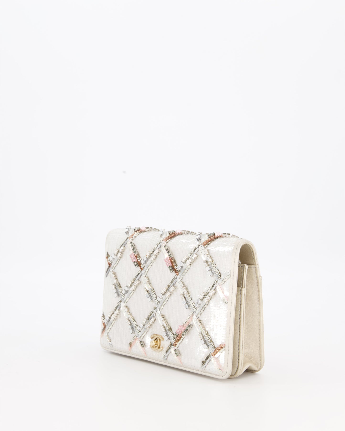 Chanel Silver Cruise Wallet on Chain Bag in Lambskin Leather with Sequin Embroidered and Champagne Gold Hardware