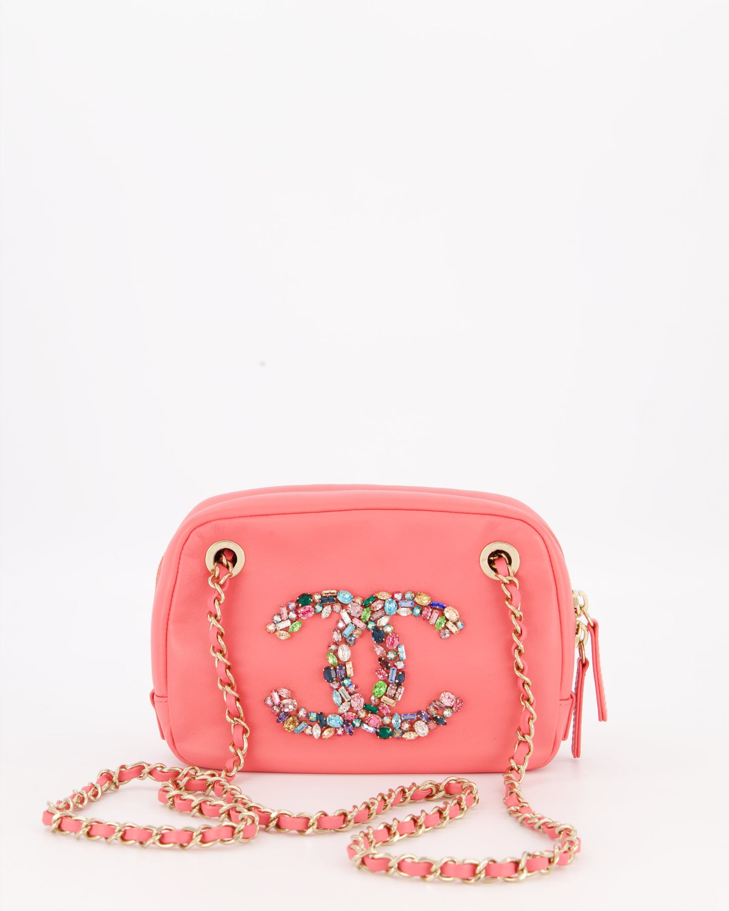 Chanel Coral Pink Small Camera Bag in Lambskin Leather with Multicolour Crystal CC Logo & Champagne Gold Hardware