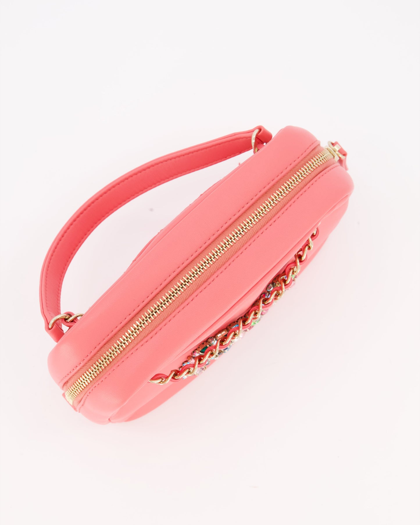 Chanel Coral Pink Small Camera Bag in Lambskin Leather with Multicolour Crystal CC Logo & Champagne Gold Hardware