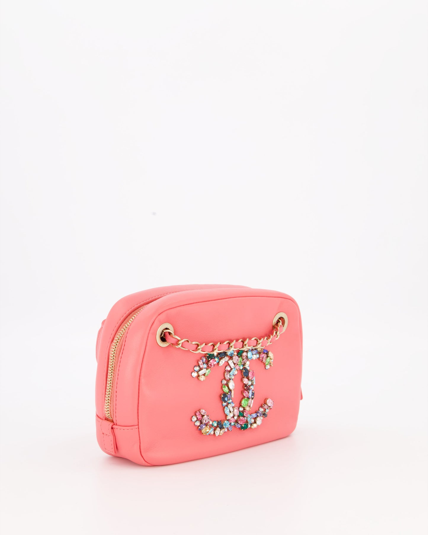 Chanel Coral Pink Small Camera Bag in Lambskin Leather with Multicolour Crystal CC Logo & Champagne Gold Hardware