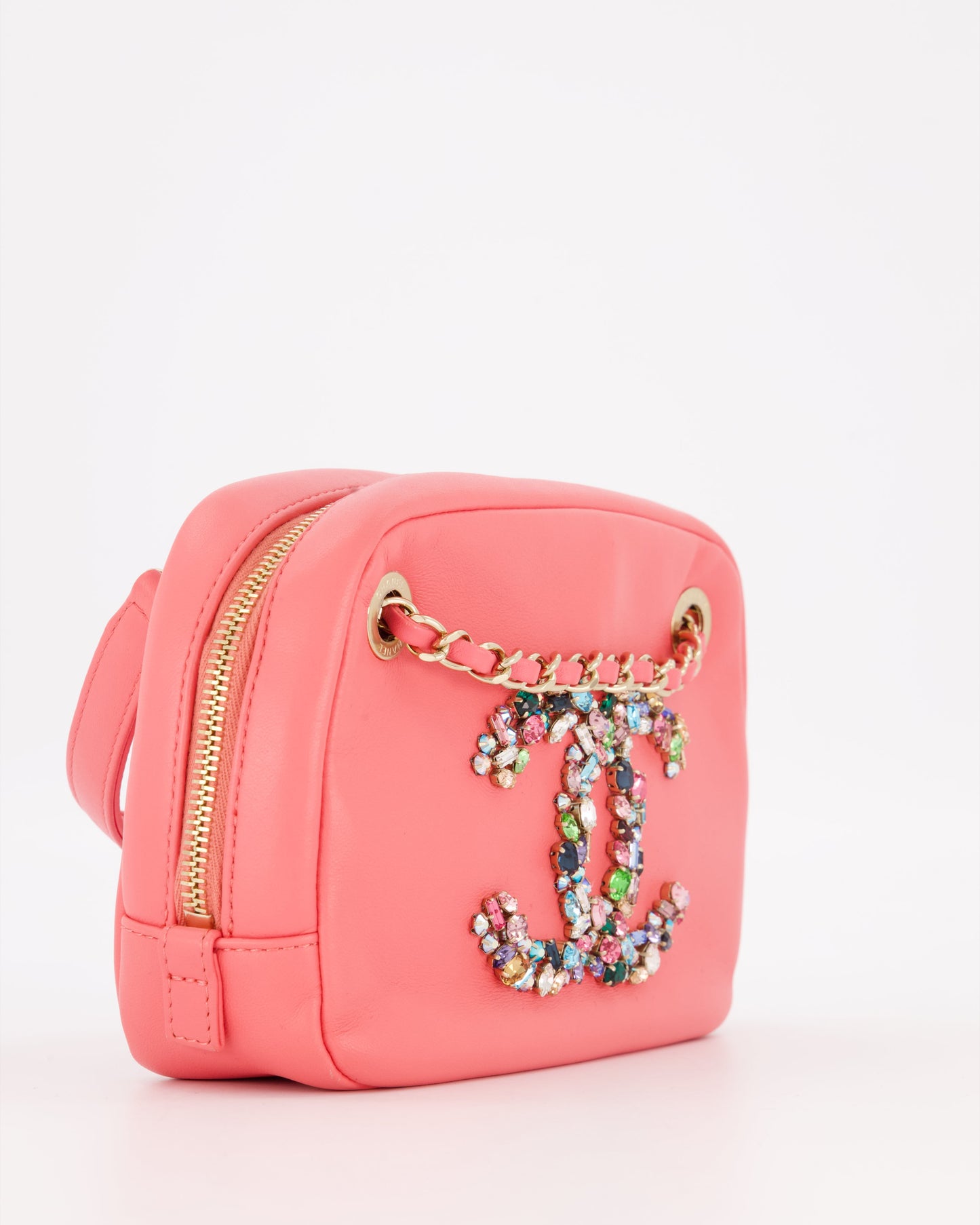Chanel Coral Pink Small Camera Bag in Lambskin Leather with Multicolour Crystal CC Logo & Champagne Gold Hardware