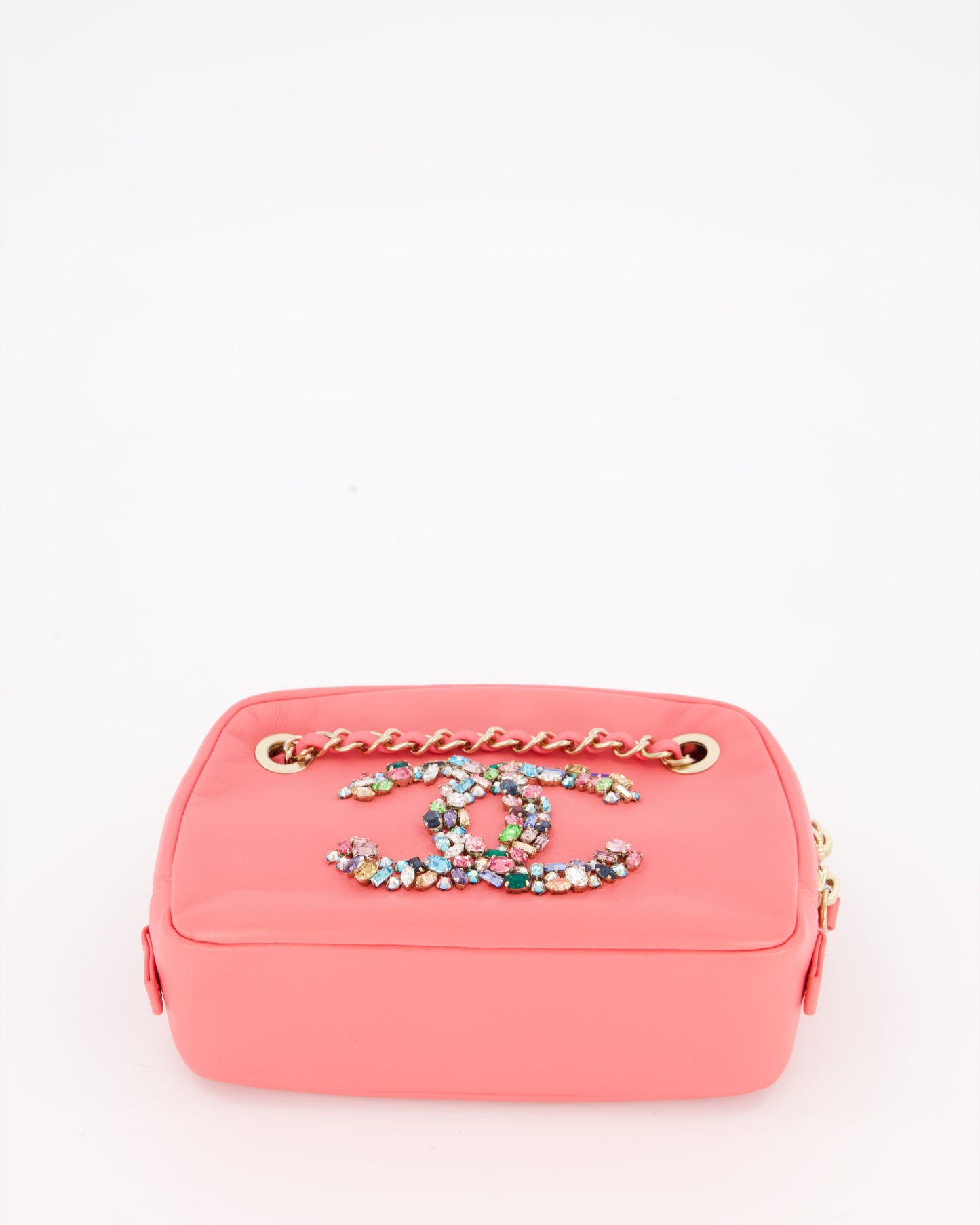 Chanel Coral Pink Small Camera Bag in Lambskin Leather with Multicolour Crystal CC Logo & Champagne Gold Hardware