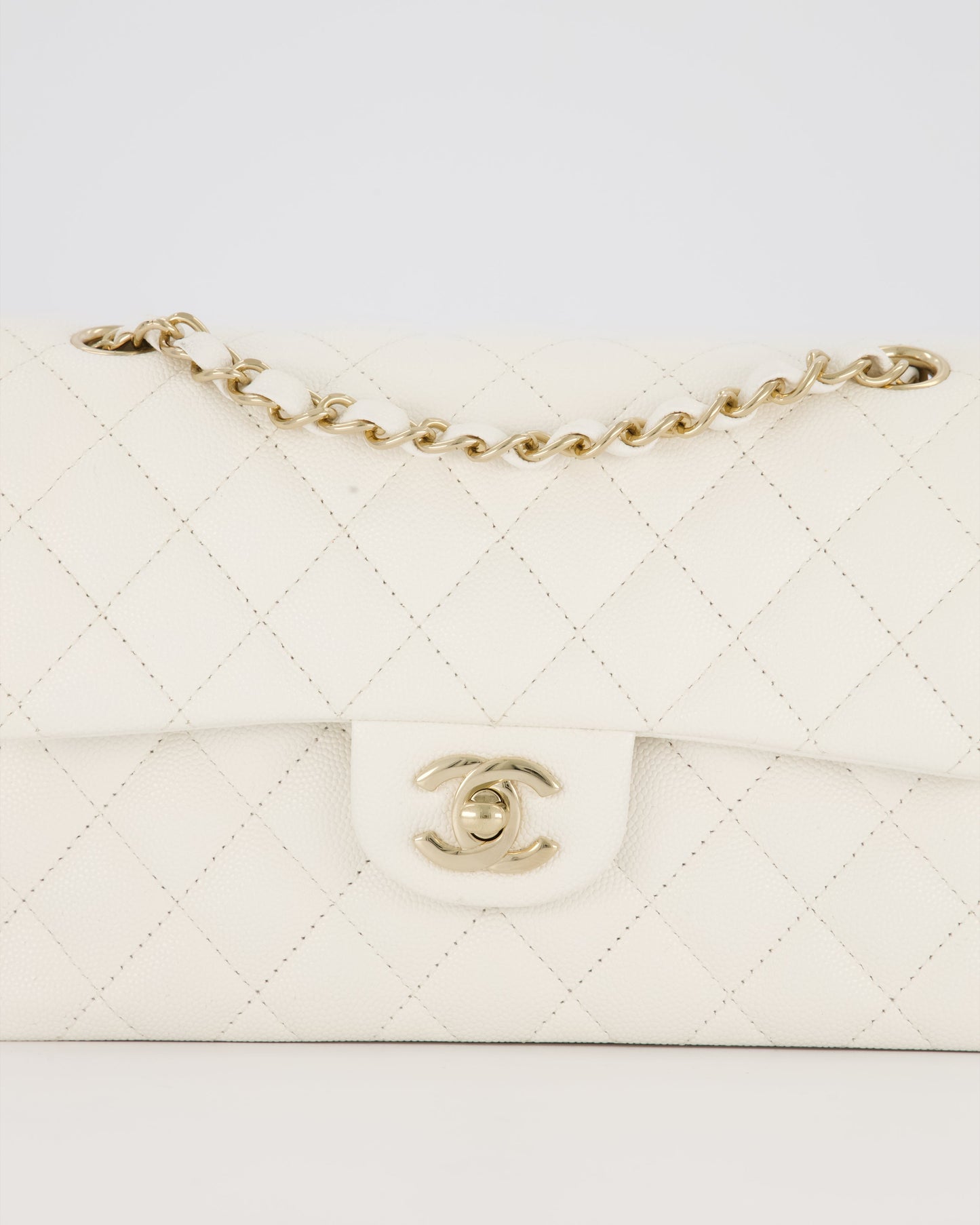 Chanel Small Classic Double Flap Bag in White Caviar Leather with Champagne Gold Hardware