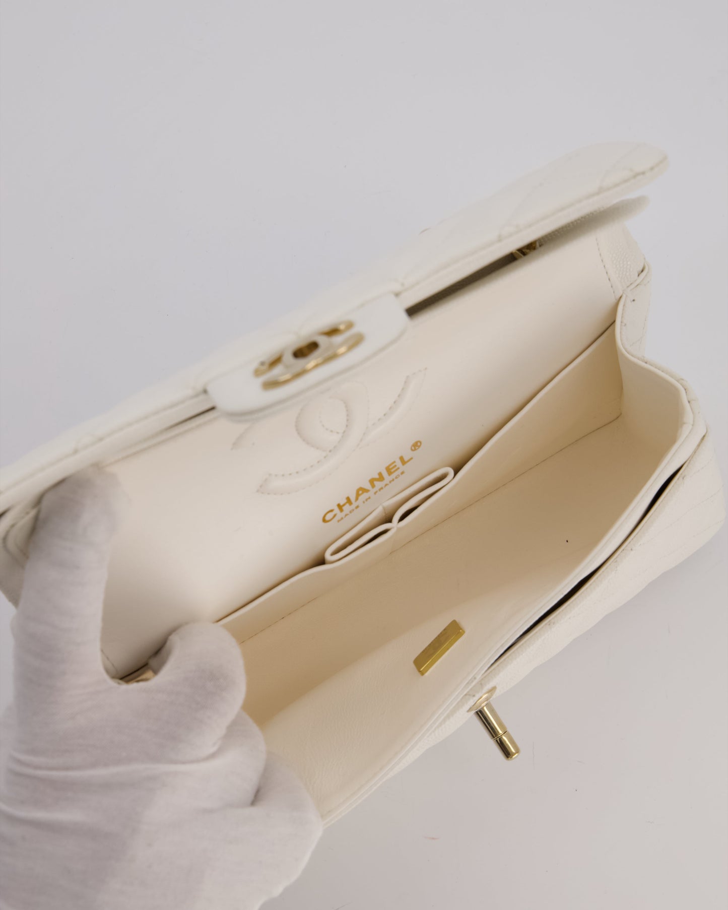Chanel Small Classic Double Flap Bag in White Caviar Leather with Champagne Gold Hardware