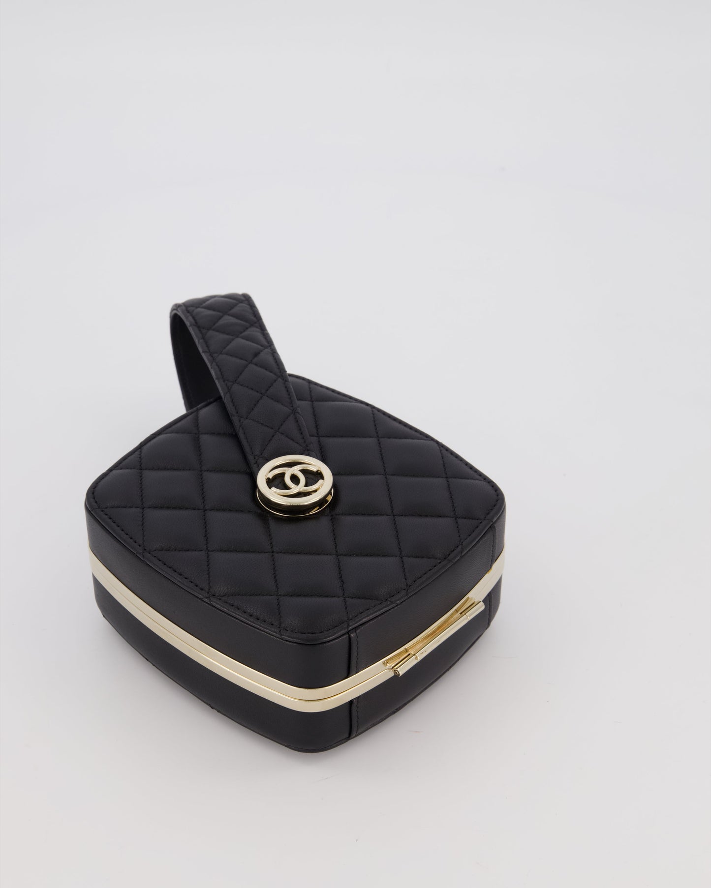 Chanel 22P Makeup Top Handle Clutch Bag in Black Lambskin with Champagne Gold Hardware and CC Logo Detail