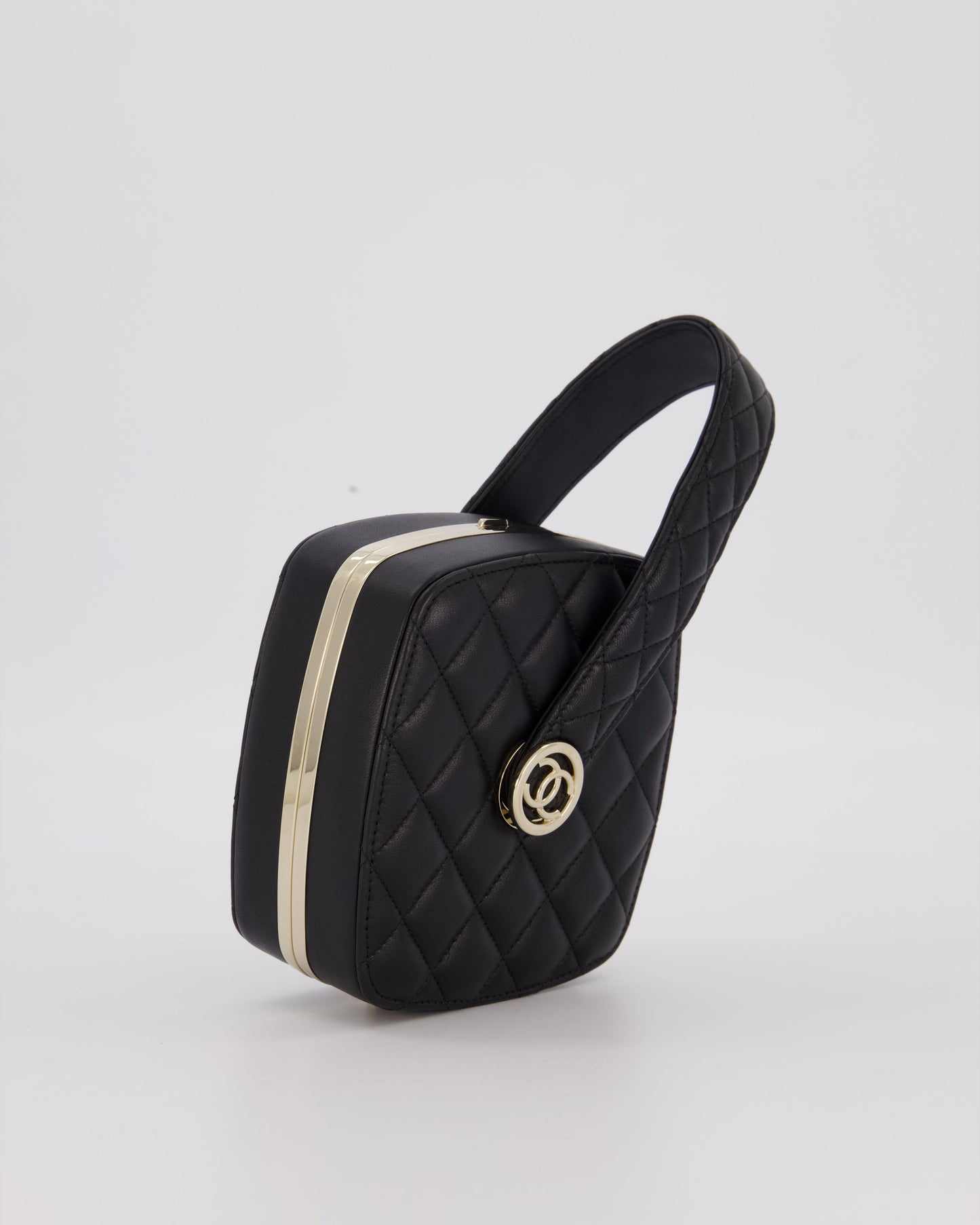 Chanel 22P Makeup Top Handle Clutch Bag in Black Lambskin with Champagne Gold Hardware and CC Logo Detail