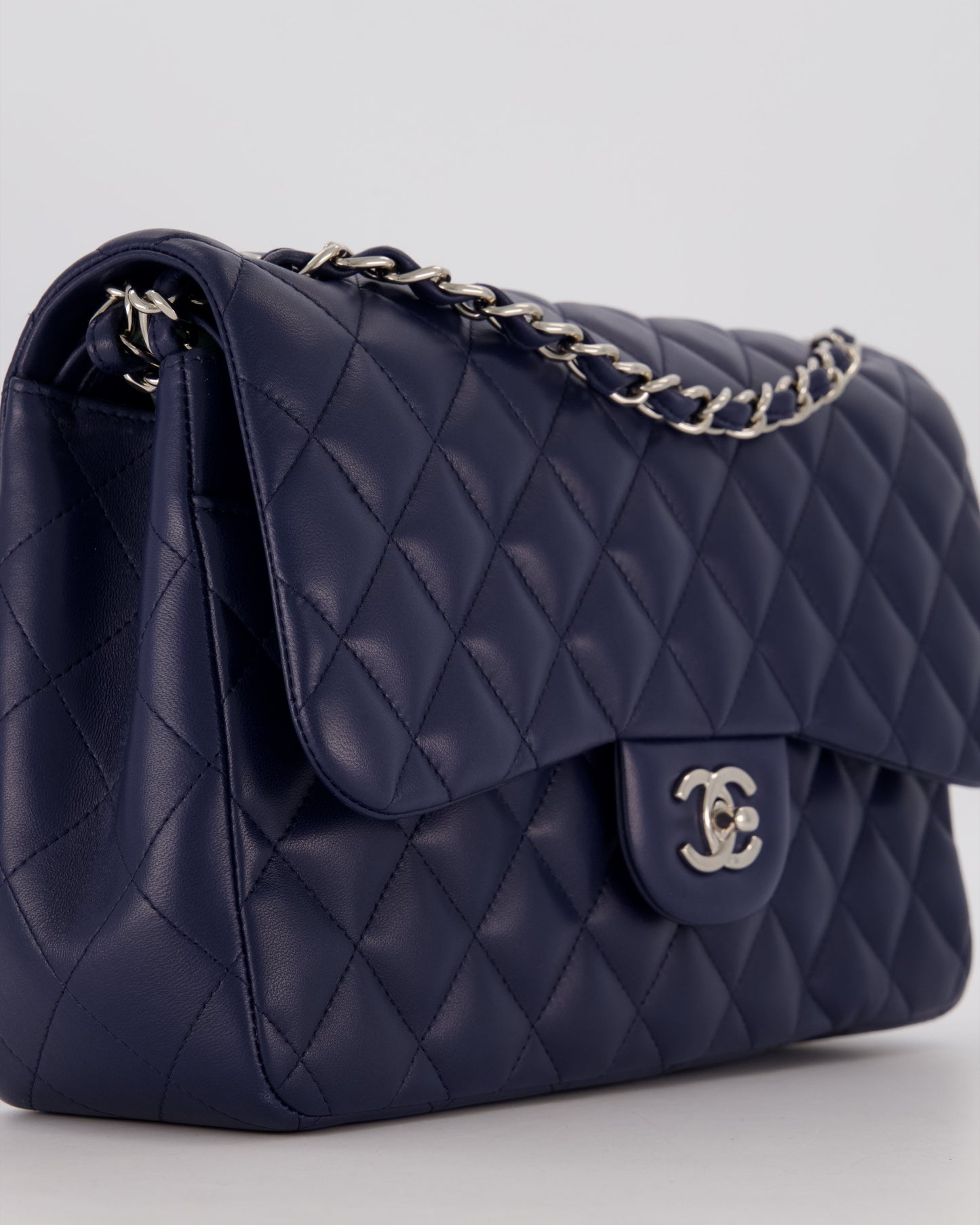 Chanel Navy Jumbo Classic Double Flap Bag in Lambskin Leather with Silver Hardware RRP £9,540