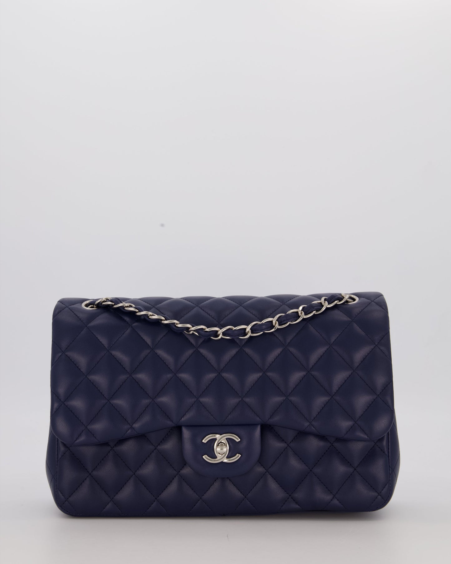 Chanel Navy Jumbo Classic Double Flap Bag in Lambskin Leather with Silver Hardware RRP £9,540