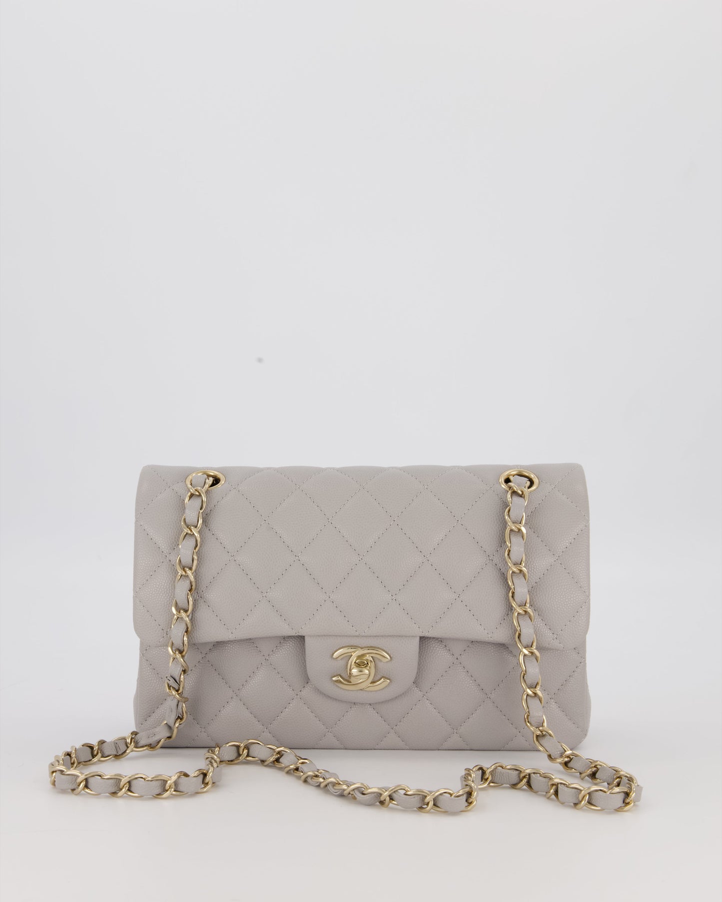 Chanel Light Grey Small Classic Double Flap Bag in Caviar Leather with Champagne Gold Hardware
