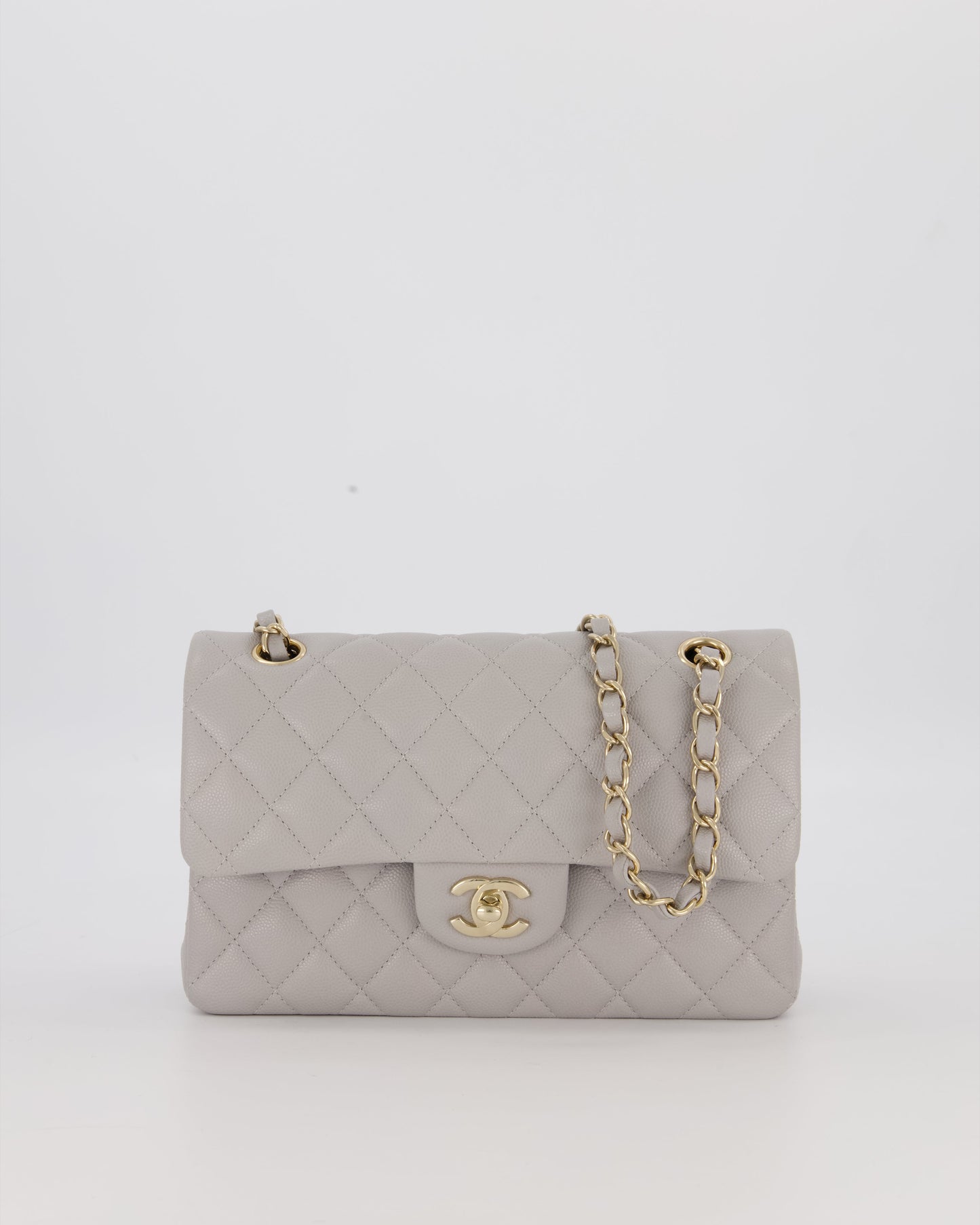 Chanel Light Grey Small Classic Double Flap Bag in Caviar Leather with Champagne Gold Hardware