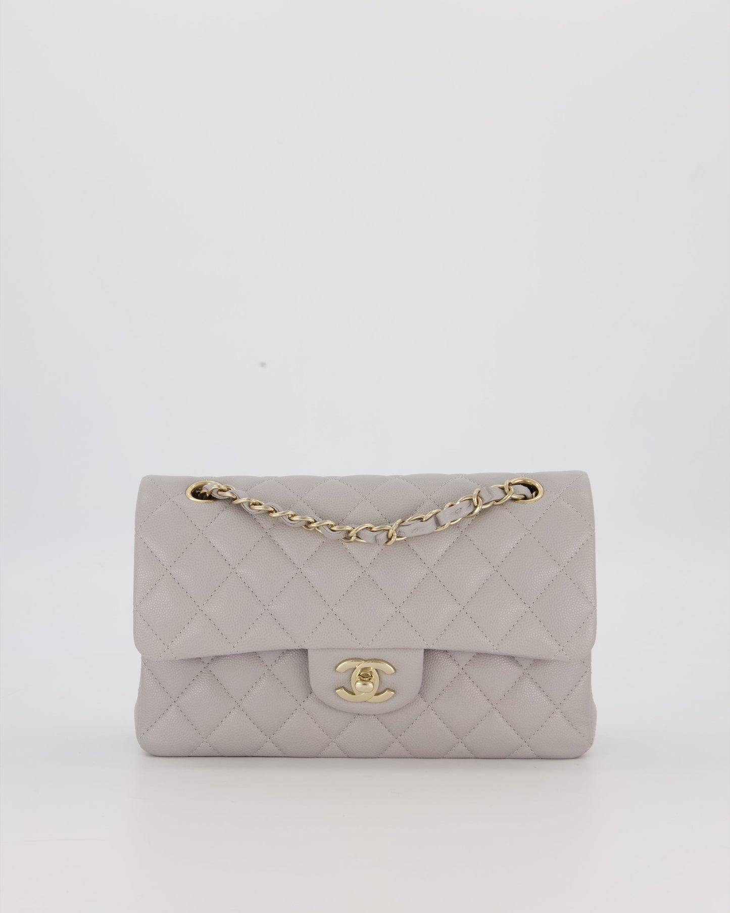 Chanel Light Grey Small Classic Double Flap Bag in Caviar Leather with Champagne Gold Hardware