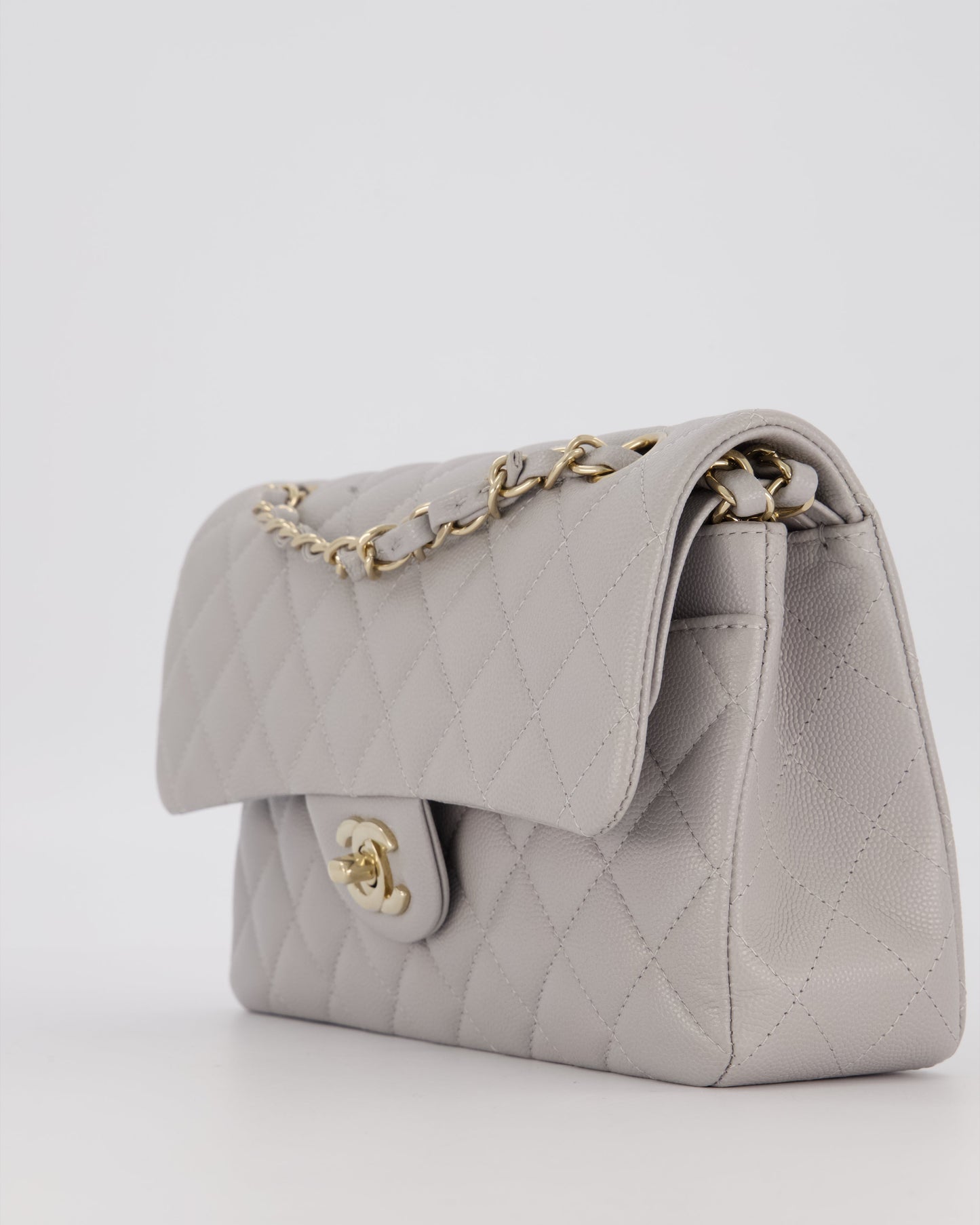 Chanel Light Grey Small Classic Double Flap Bag in Caviar Leather with Champagne Gold Hardware