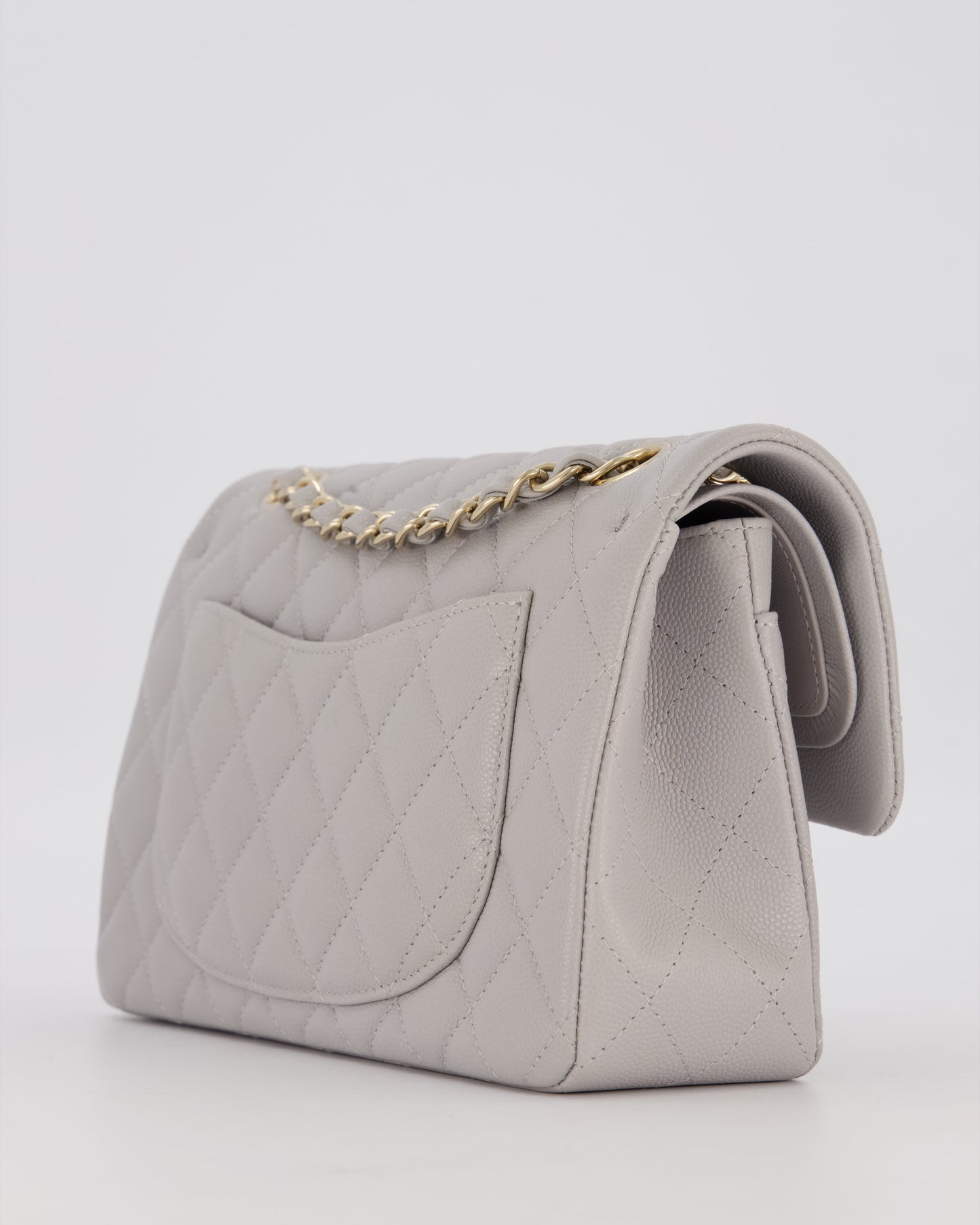 Chanel Light Grey Small Classic Double Flap Bag in Caviar Leather with Champagne Gold Hardware