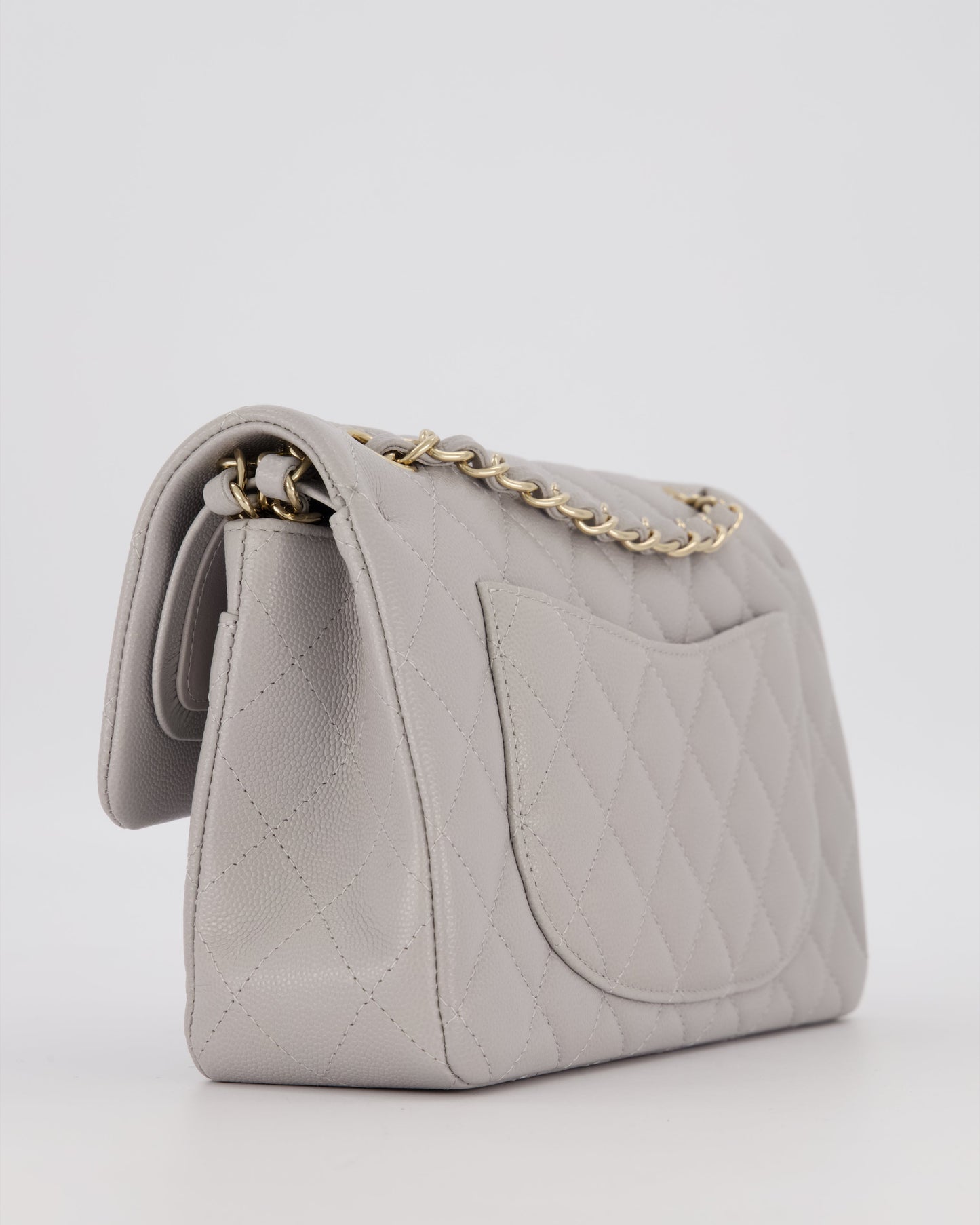 Chanel Light Grey Small Classic Double Flap Bag in Caviar Leather with Champagne Gold Hardware