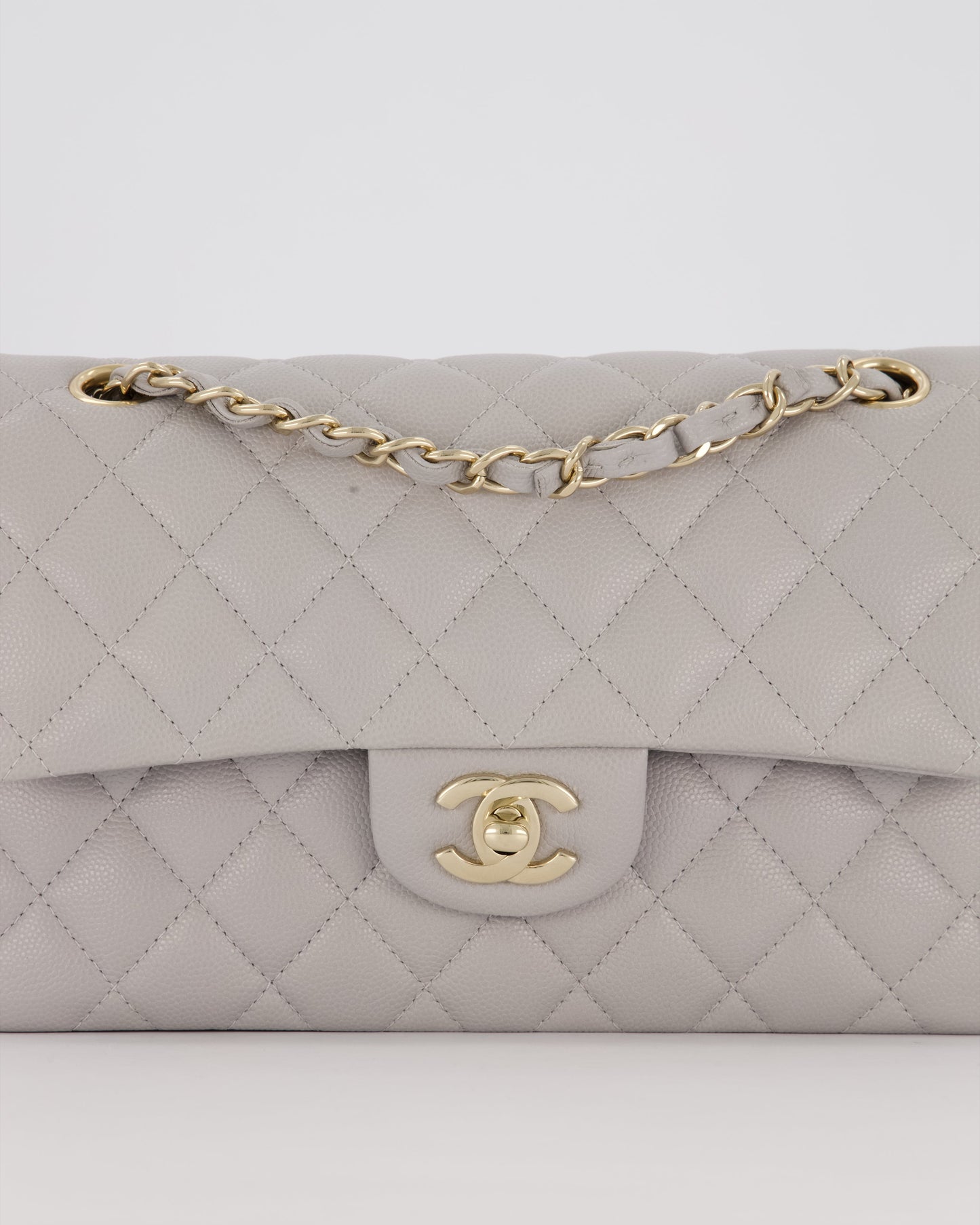 Chanel Light Grey Small Classic Double Flap Bag in Caviar Leather with Champagne Gold Hardware