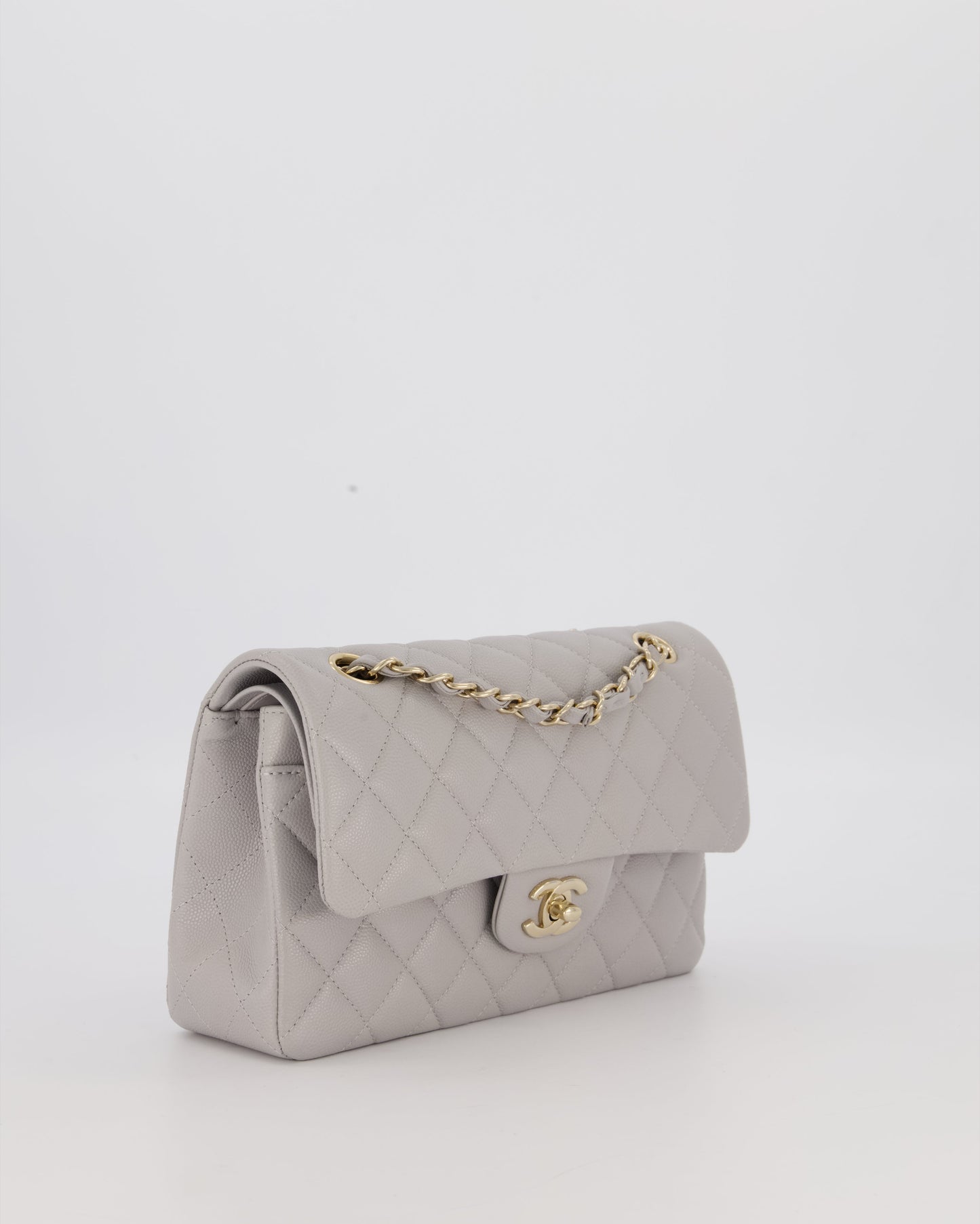 Chanel Light Grey Small Classic Double Flap Bag in Caviar Leather with Champagne Gold Hardware