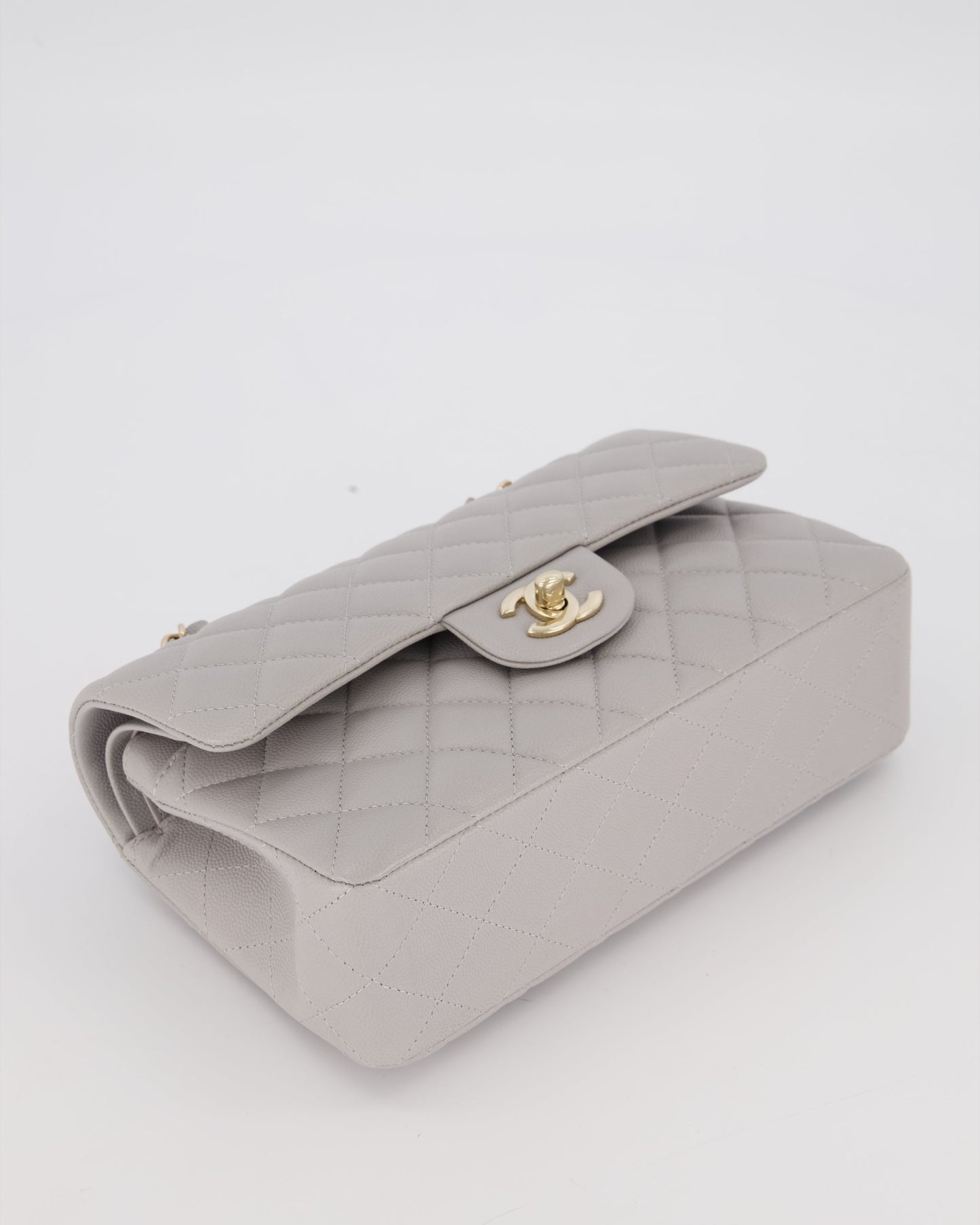 Chanel Light Grey Small Classic Double Flap Bag in Caviar Leather with Champagne Gold Hardware
