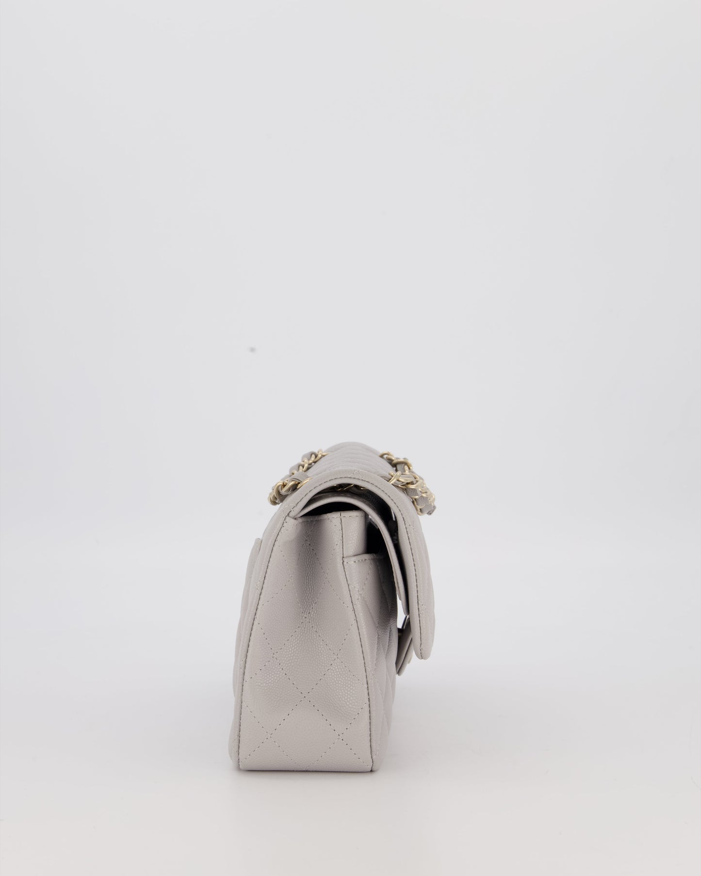 Chanel Light Grey Small Classic Double Flap Bag in Caviar Leather with Champagne Gold Hardware
