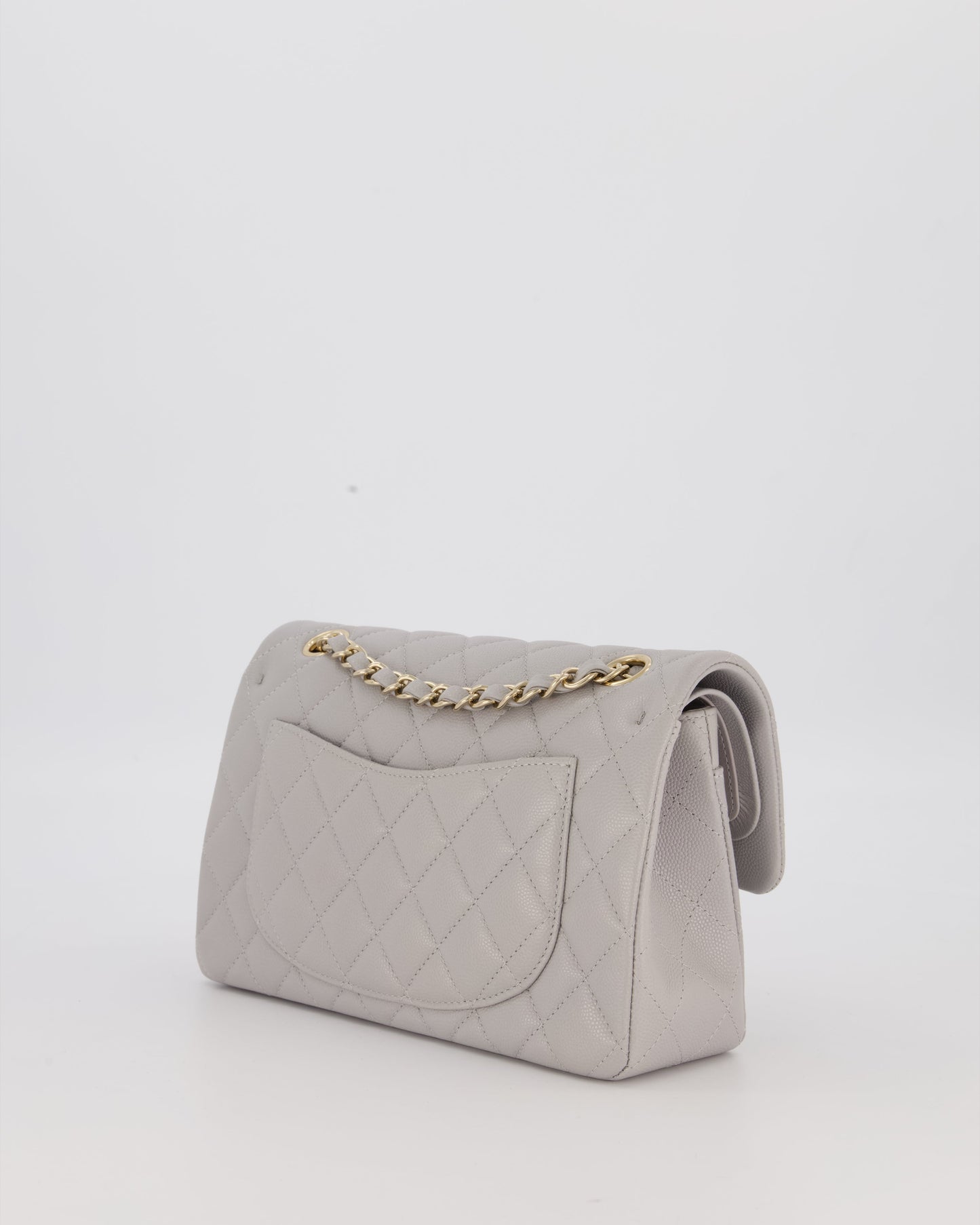 Chanel Light Grey Small Classic Double Flap Bag in Caviar Leather with Champagne Gold Hardware