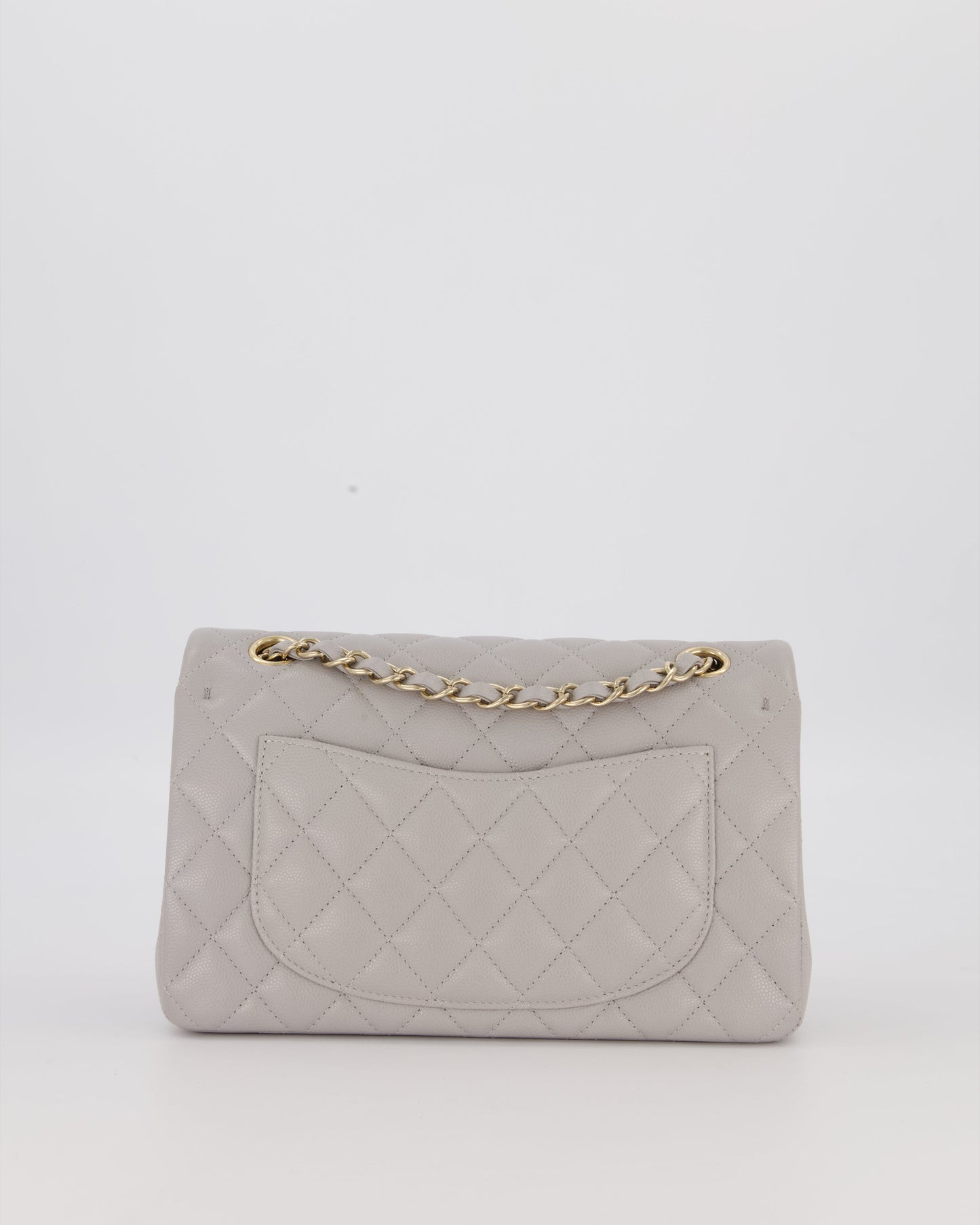 Chanel Light Grey Small Classic Double Flap Bag in Caviar Leather with Champagne Gold Hardware
