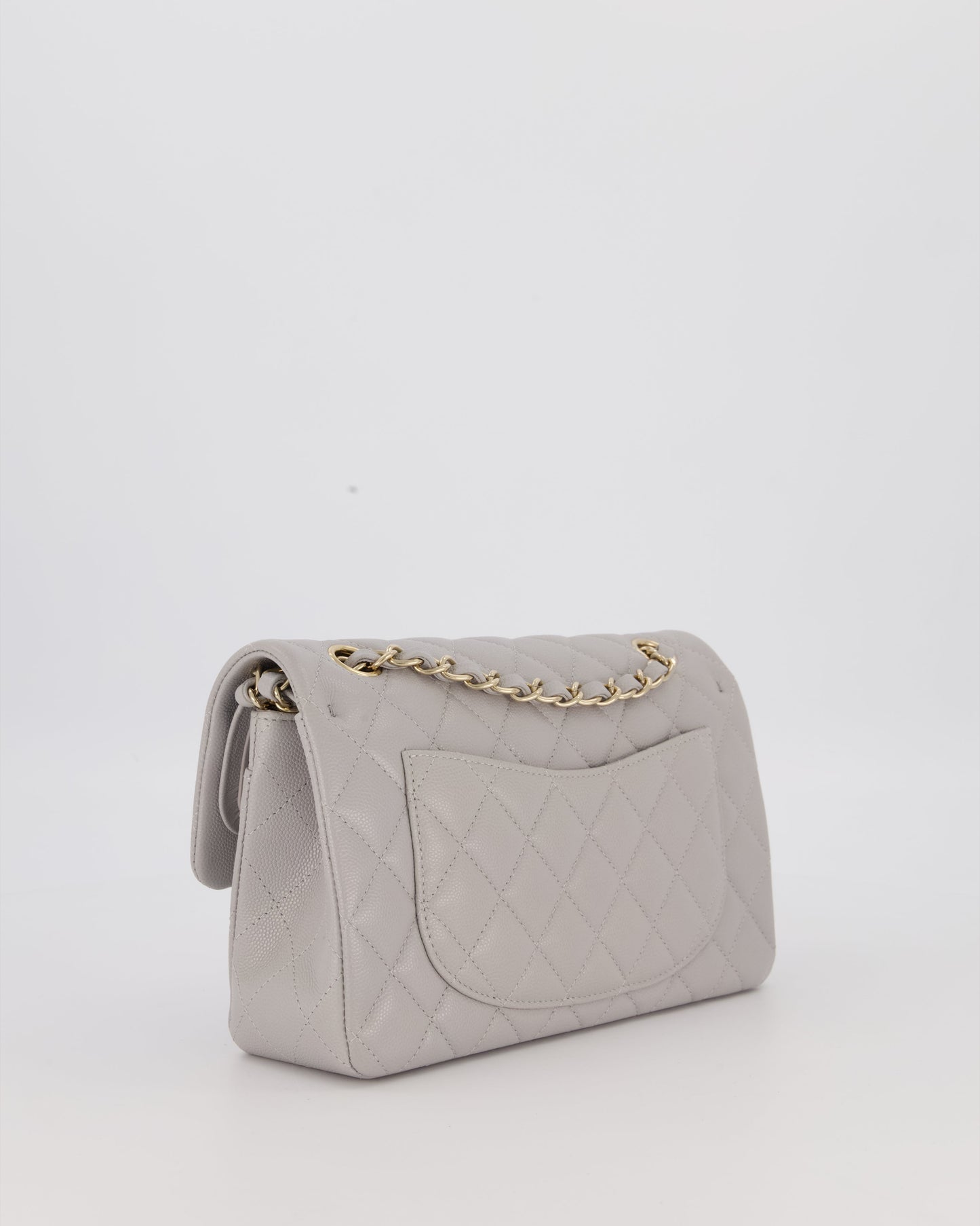 Chanel Light Grey Small Classic Double Flap Bag in Caviar Leather with Champagne Gold Hardware