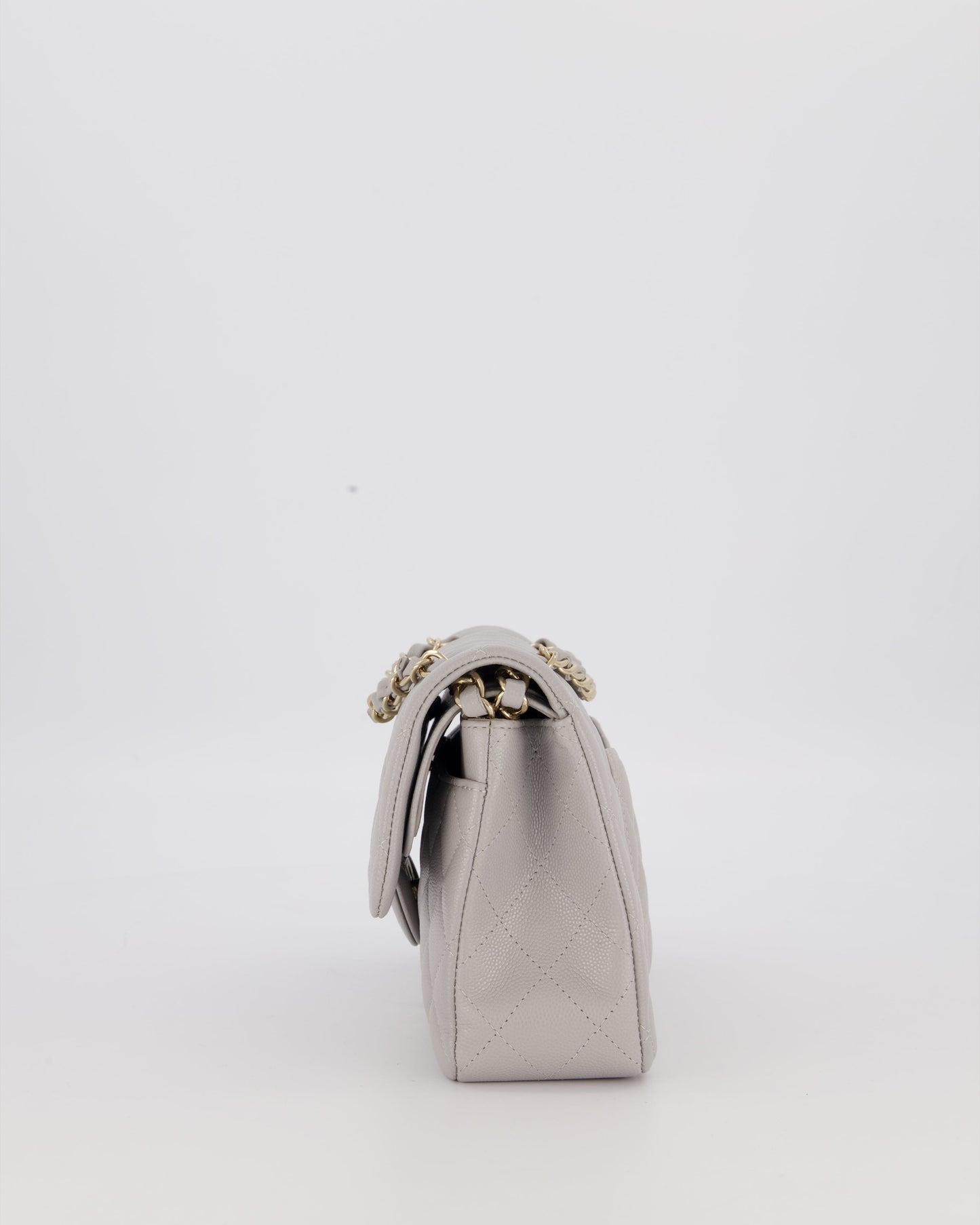 Chanel Light Grey Small Classic Double Flap Bag in Caviar Leather with Champagne Gold Hardware