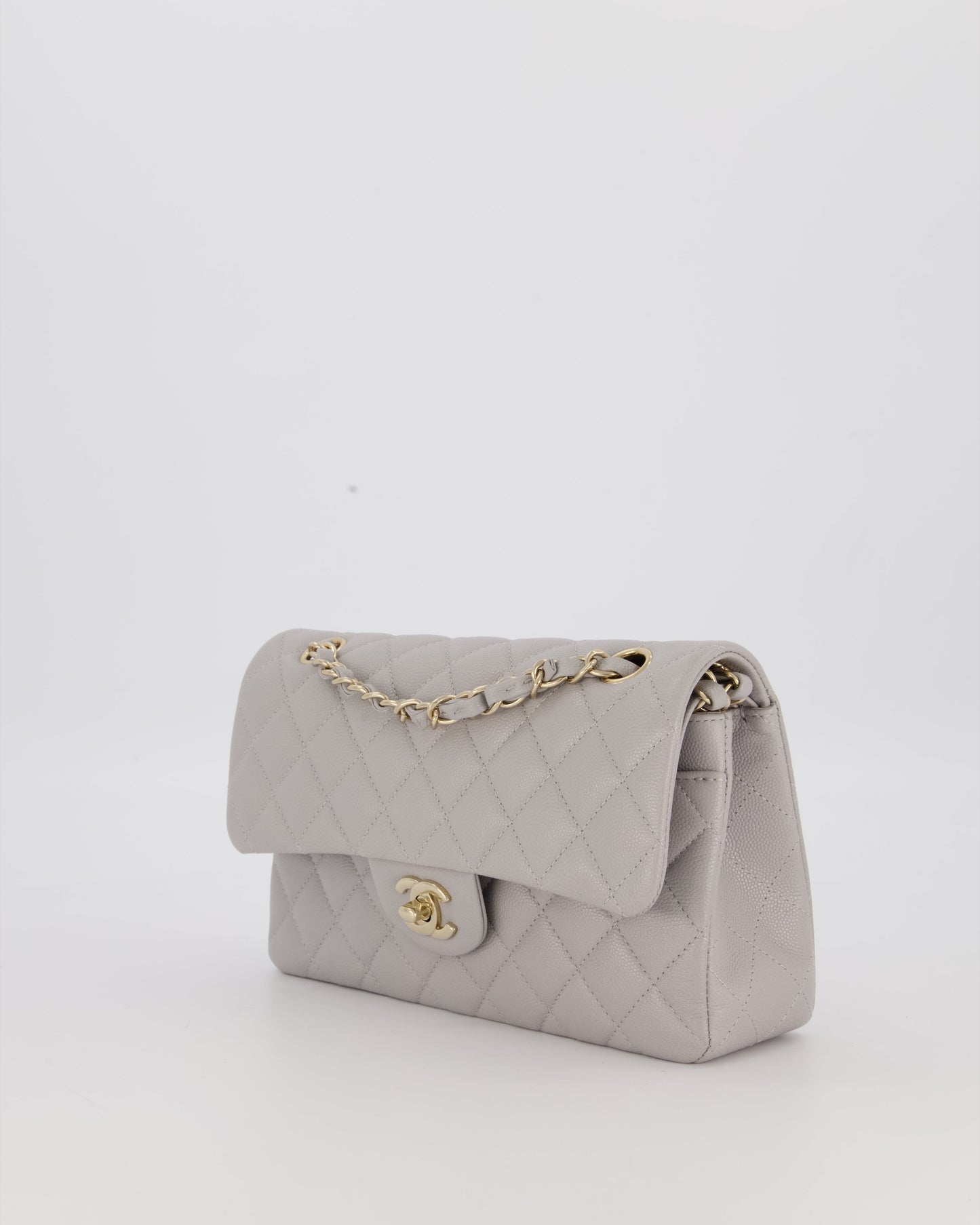 Chanel Light Grey Small Classic Double Flap Bag in Caviar Leather with Champagne Gold Hardware