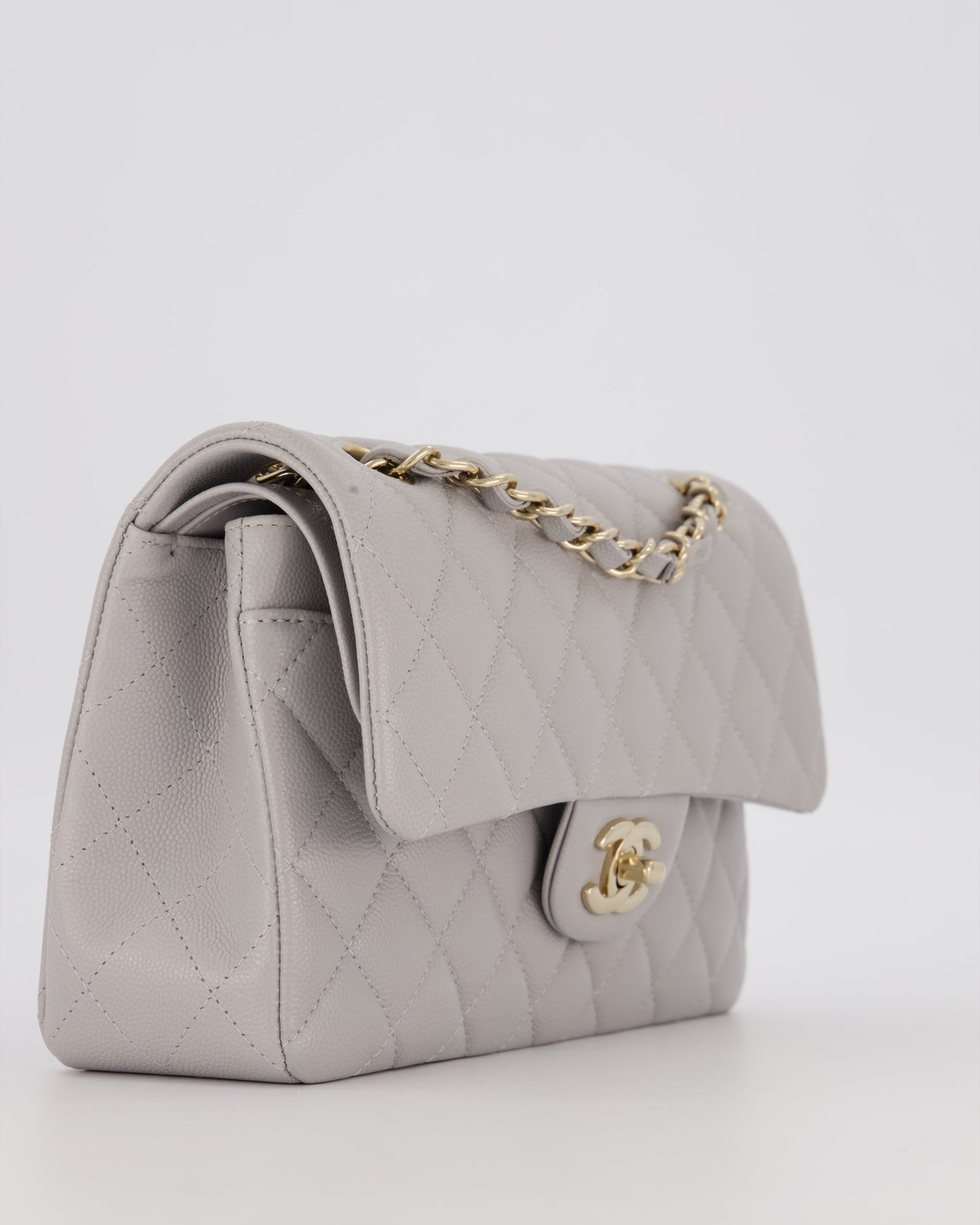 Chanel Light Grey Small Classic Double Flap Bag in Caviar Leather with Champagne Gold Hardware