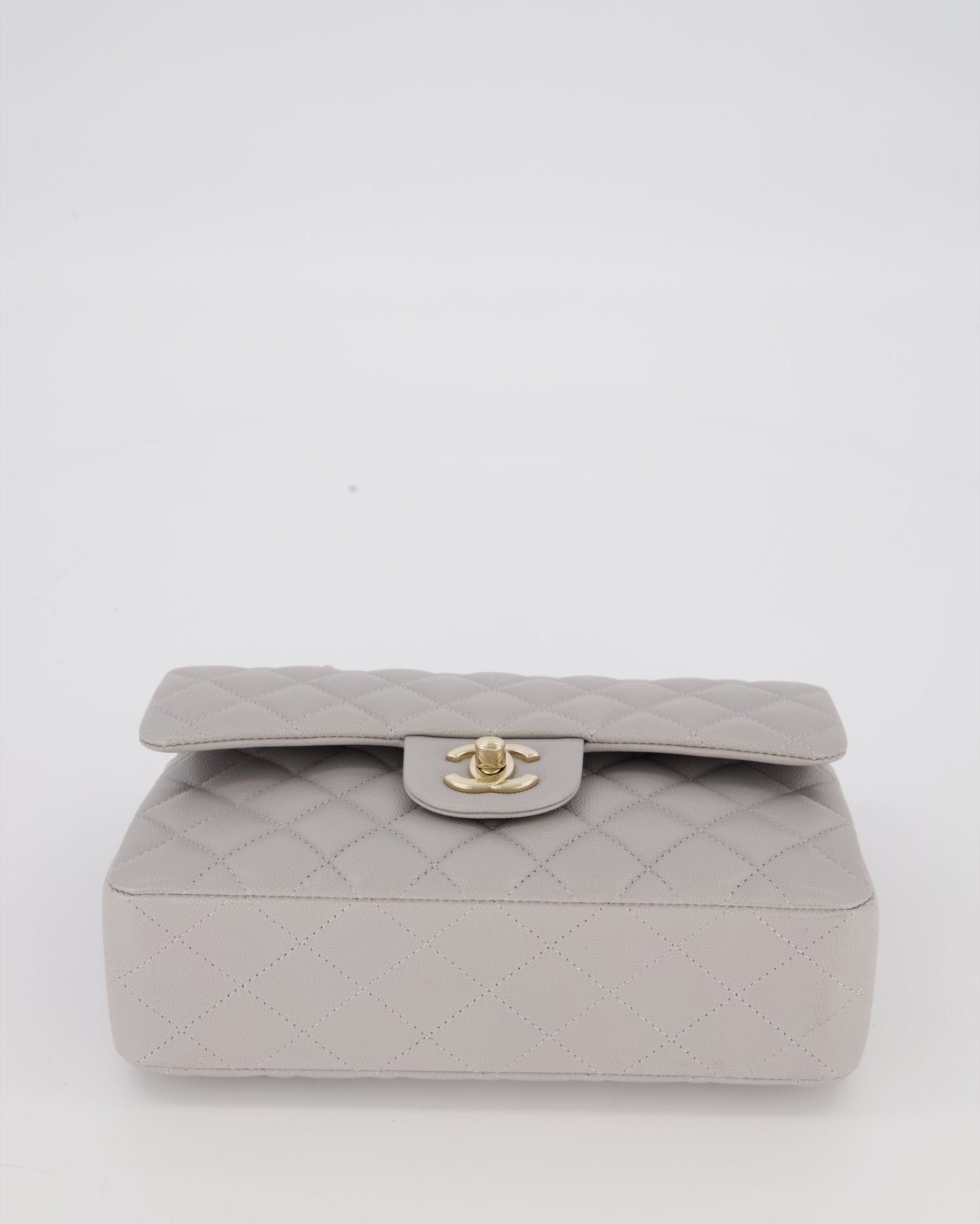 Chanel Light Grey Small Classic Double Flap Bag in Caviar Leather with Champagne Gold Hardware