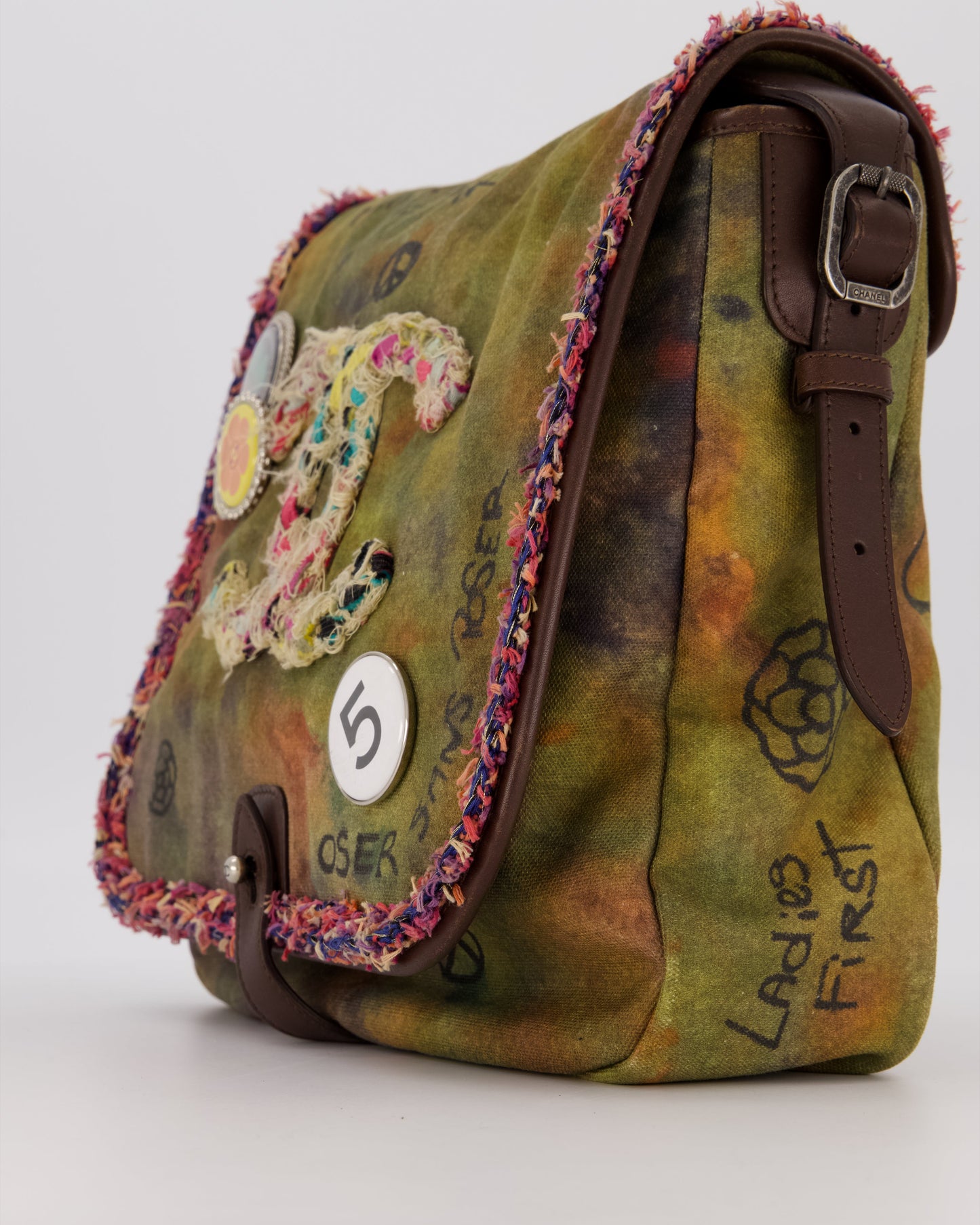 Chanel Green On The Pavement Graffiti CC Tweed Messenger Bag with Ruthenium Hardware