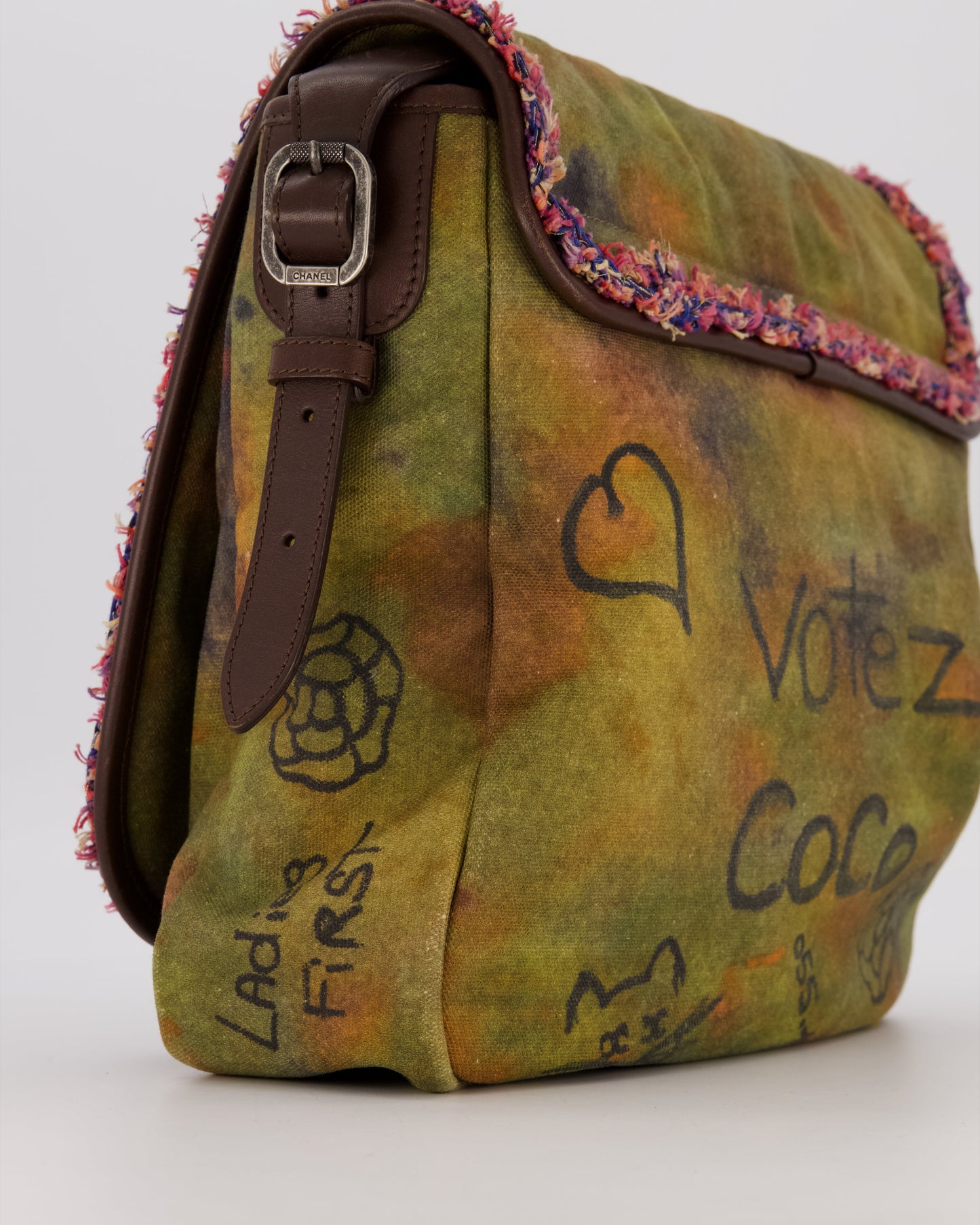 Chanel Green On The Pavement Graffiti CC Tweed Messenger Bag with Ruthenium Hardware