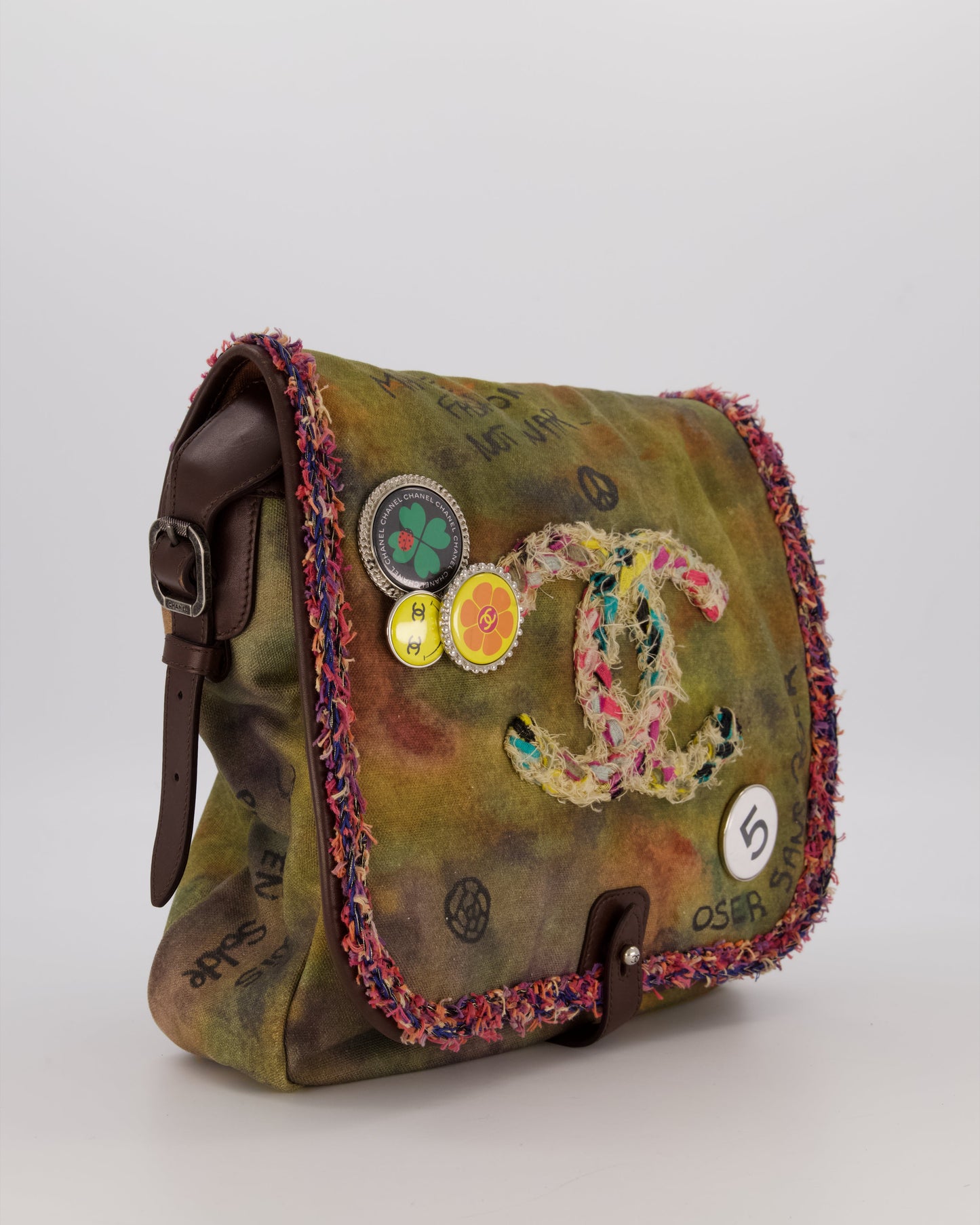 Chanel Green On The Pavement Graffiti CC Tweed Messenger Bag with Ruthenium Hardware