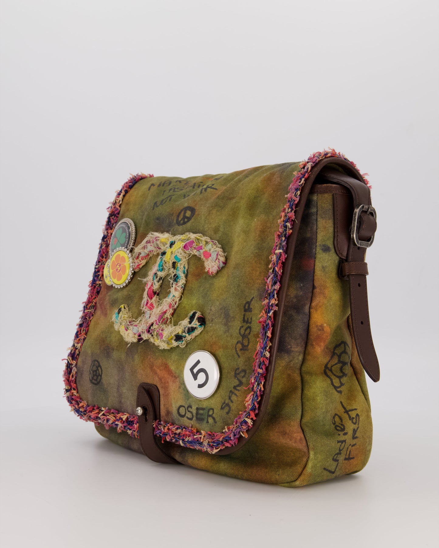Chanel Green On The Pavement Graffiti CC Tweed Messenger Bag with Ruthenium Hardware