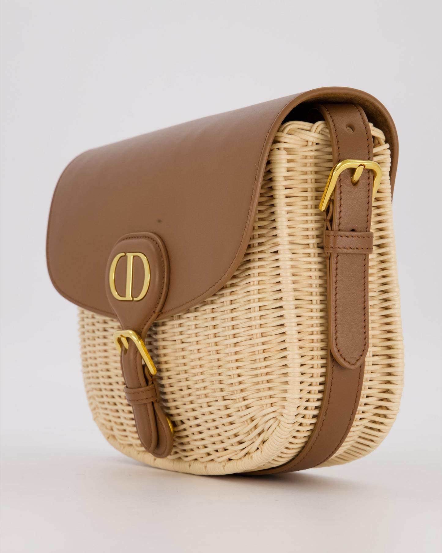 Christian Dior Medium Bobby Bag in Brown Calfskin and Wicker with Gold Hardware