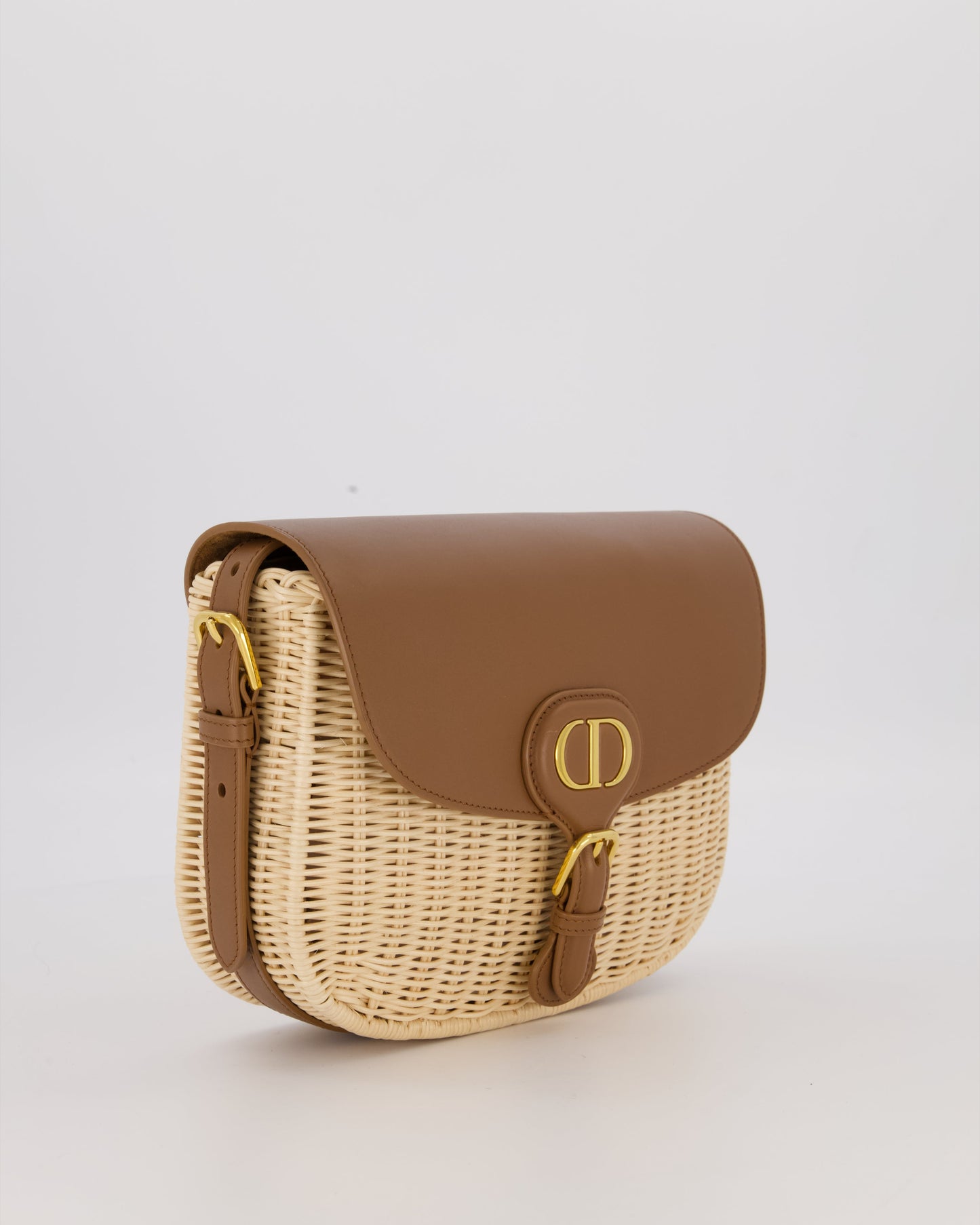 Christian Dior Medium Bobby Bag in Brown Calfskin and Wicker with Gold Hardware