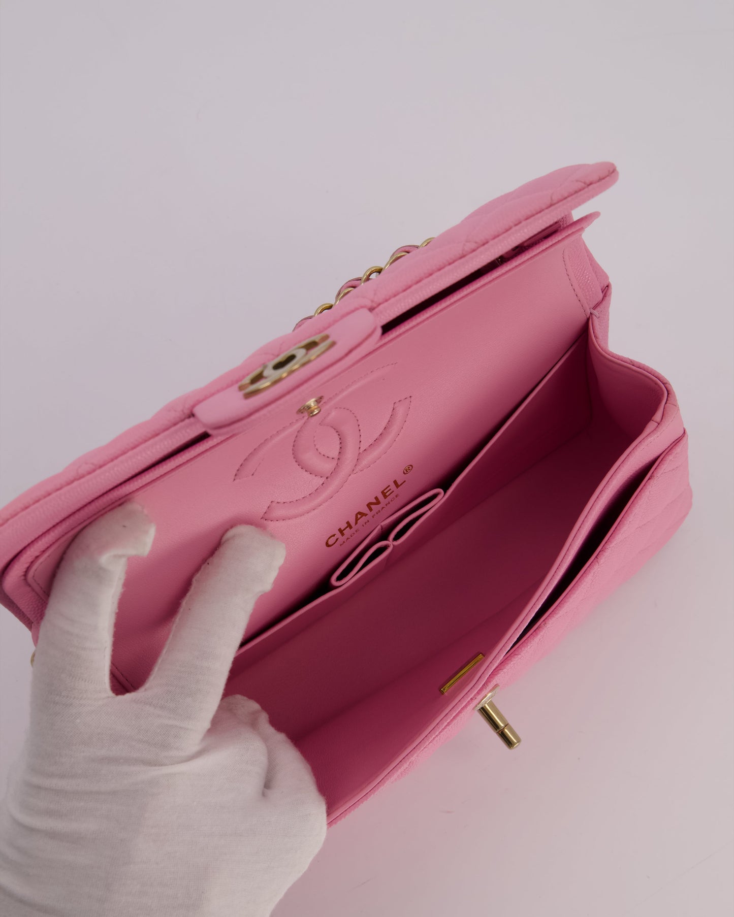 Chanel 23P Bubblegum Pink Classic Small Double Flap Bag in Caviar Leather with Gold Hardware