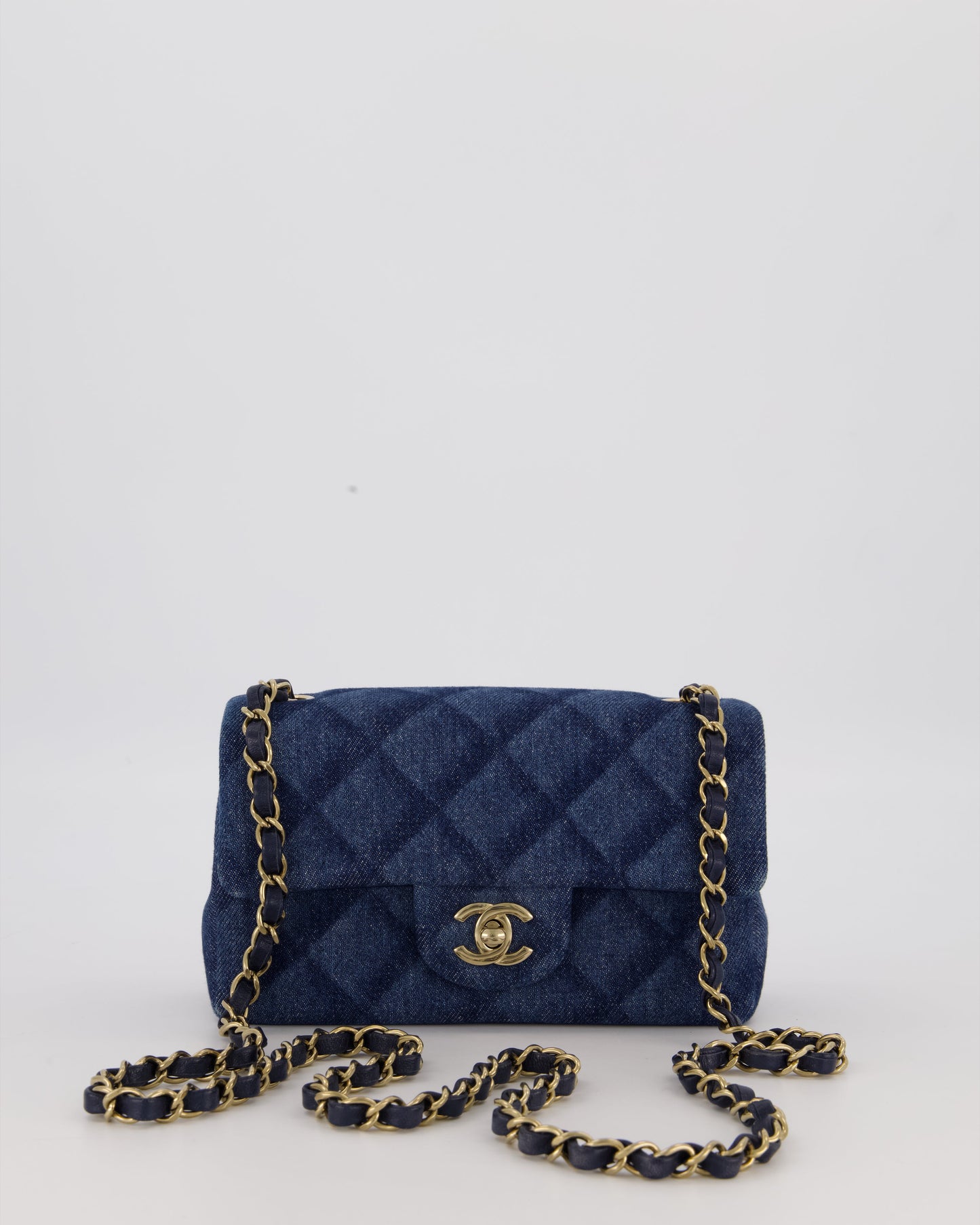 Chanel Dark Blue Quilted-Effect Blue Mini Rectangular Flap Bag in Denim with Gold Hardware