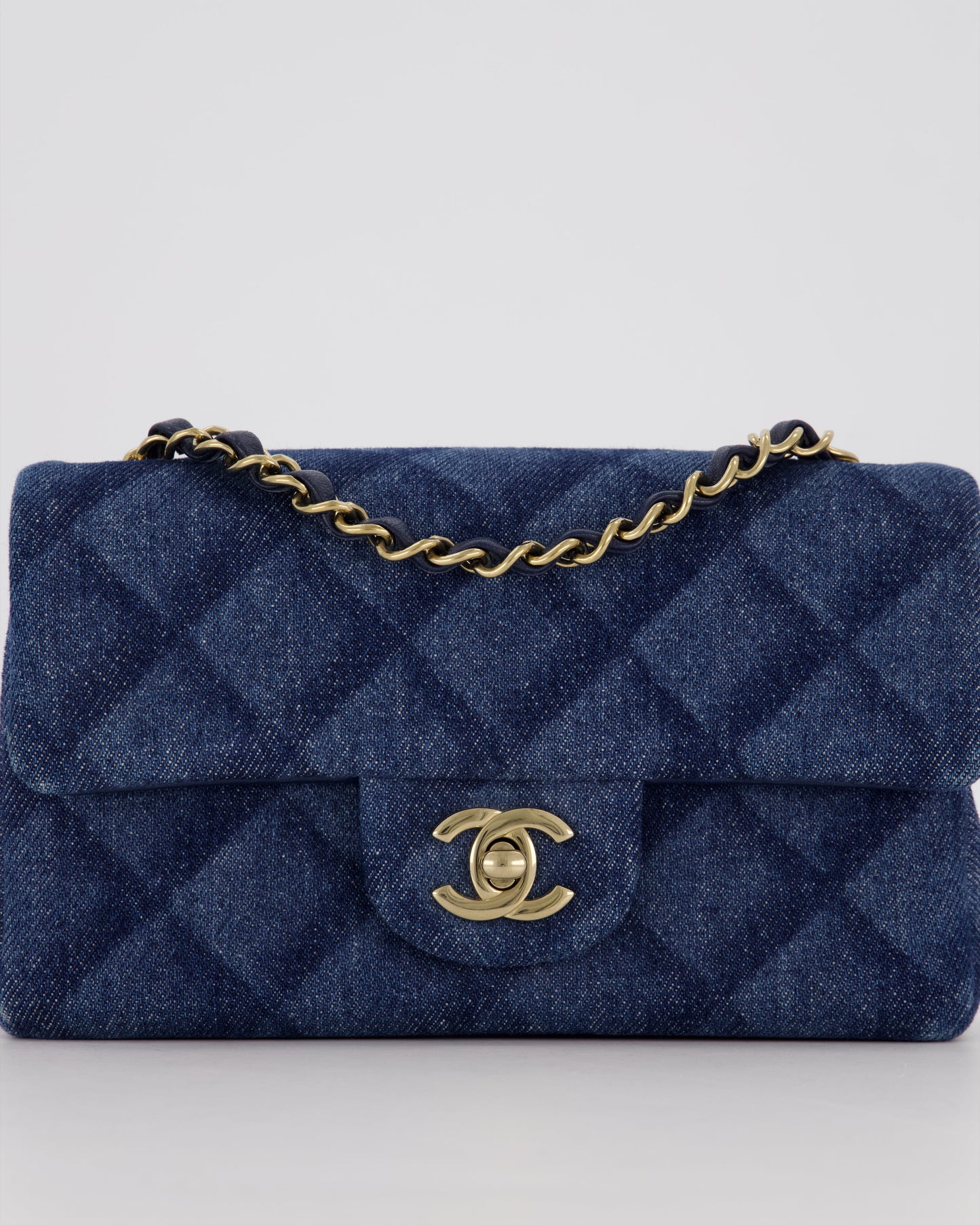 Chanel Dark Blue Quilted-Effect Blue Mini Rectangular Flap Bag in Denim with Gold Hardware