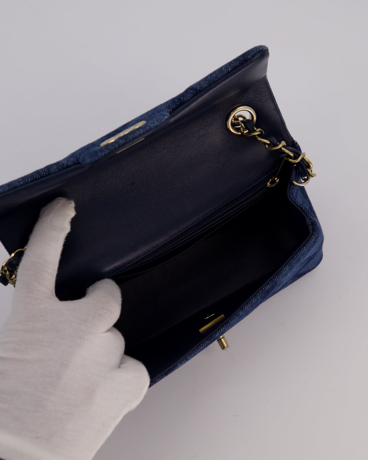 Chanel Dark Blue Quilted-Effect Blue Mini Rectangular Flap Bag in Denim with Gold Hardware
