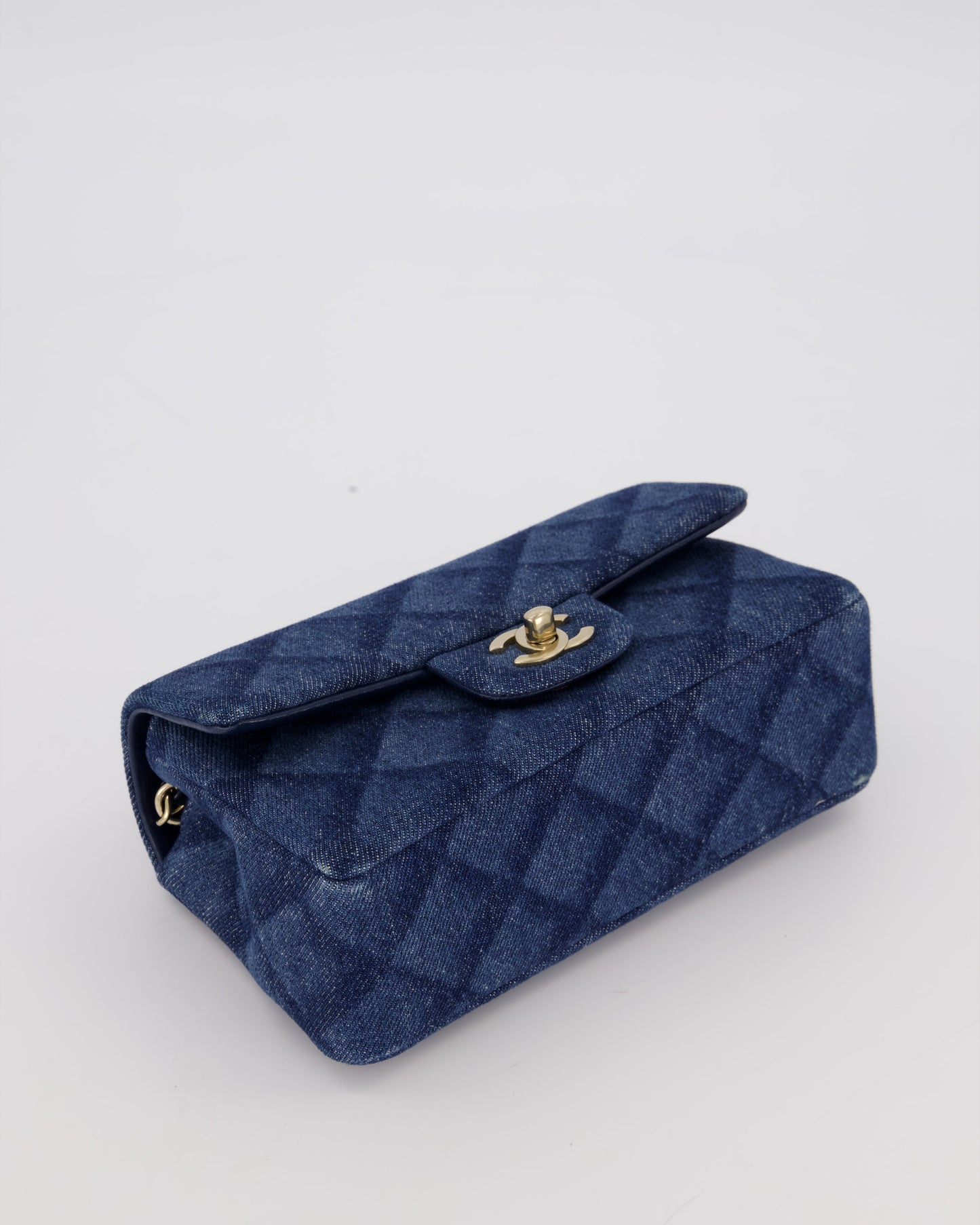 Chanel Dark Blue Quilted-Effect Blue Mini Rectangular Flap Bag in Denim with Gold Hardware
