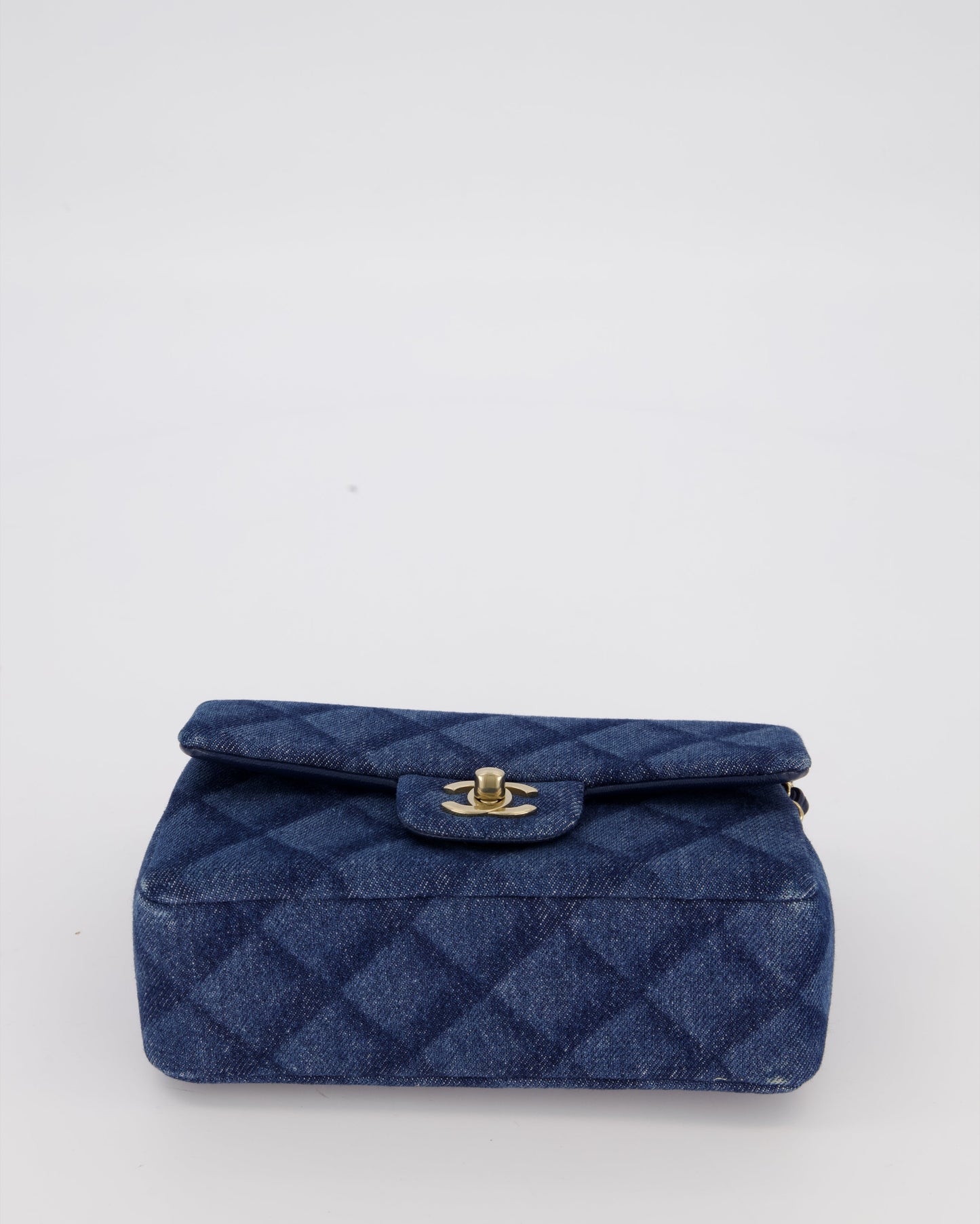 Chanel Dark Blue Quilted-Effect Blue Mini Rectangular Flap Bag in Denim with Gold Hardware