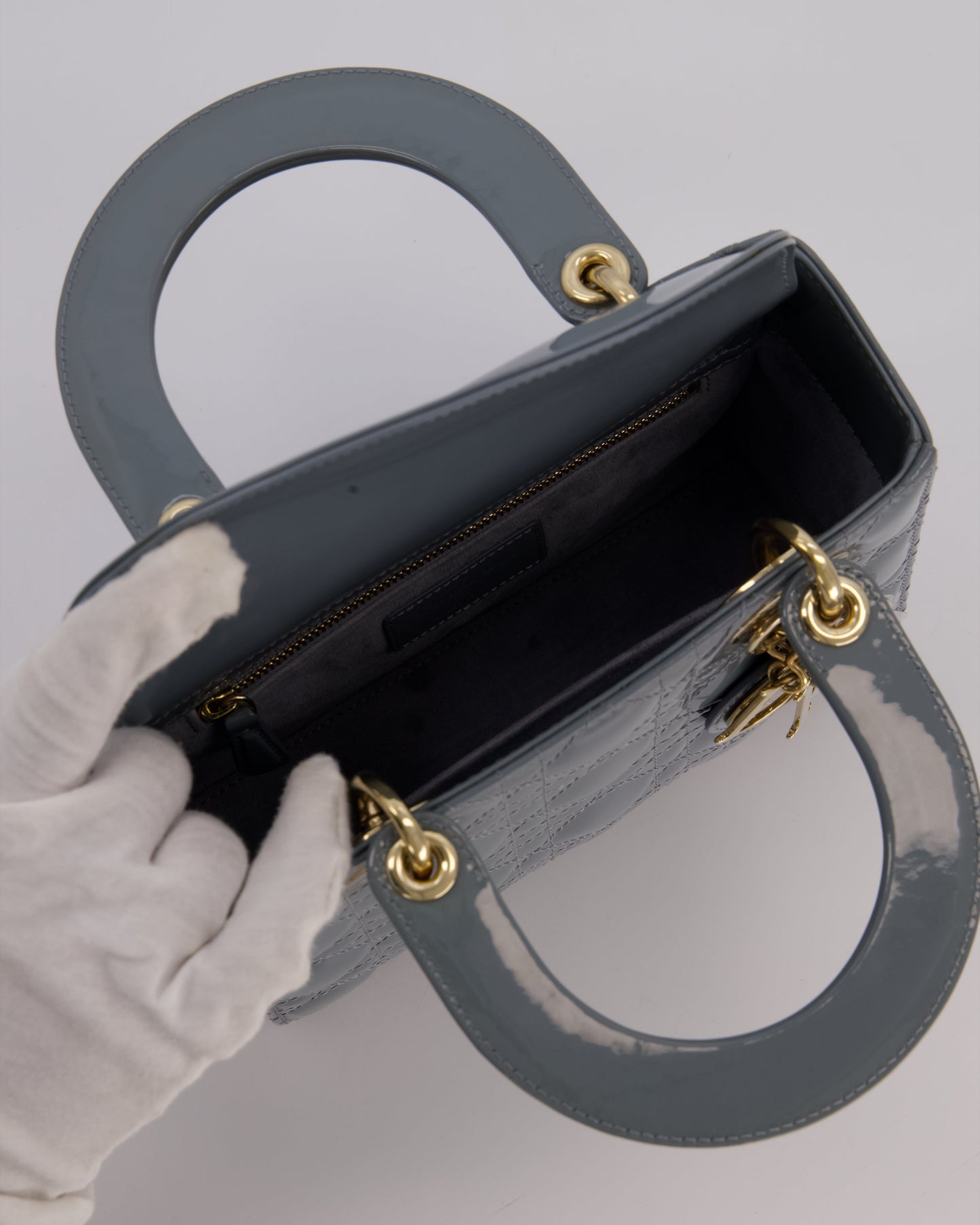 Christian Dior Cloud Blue Small Lady Dior in Cannage Patent Leather with Gold Hardware