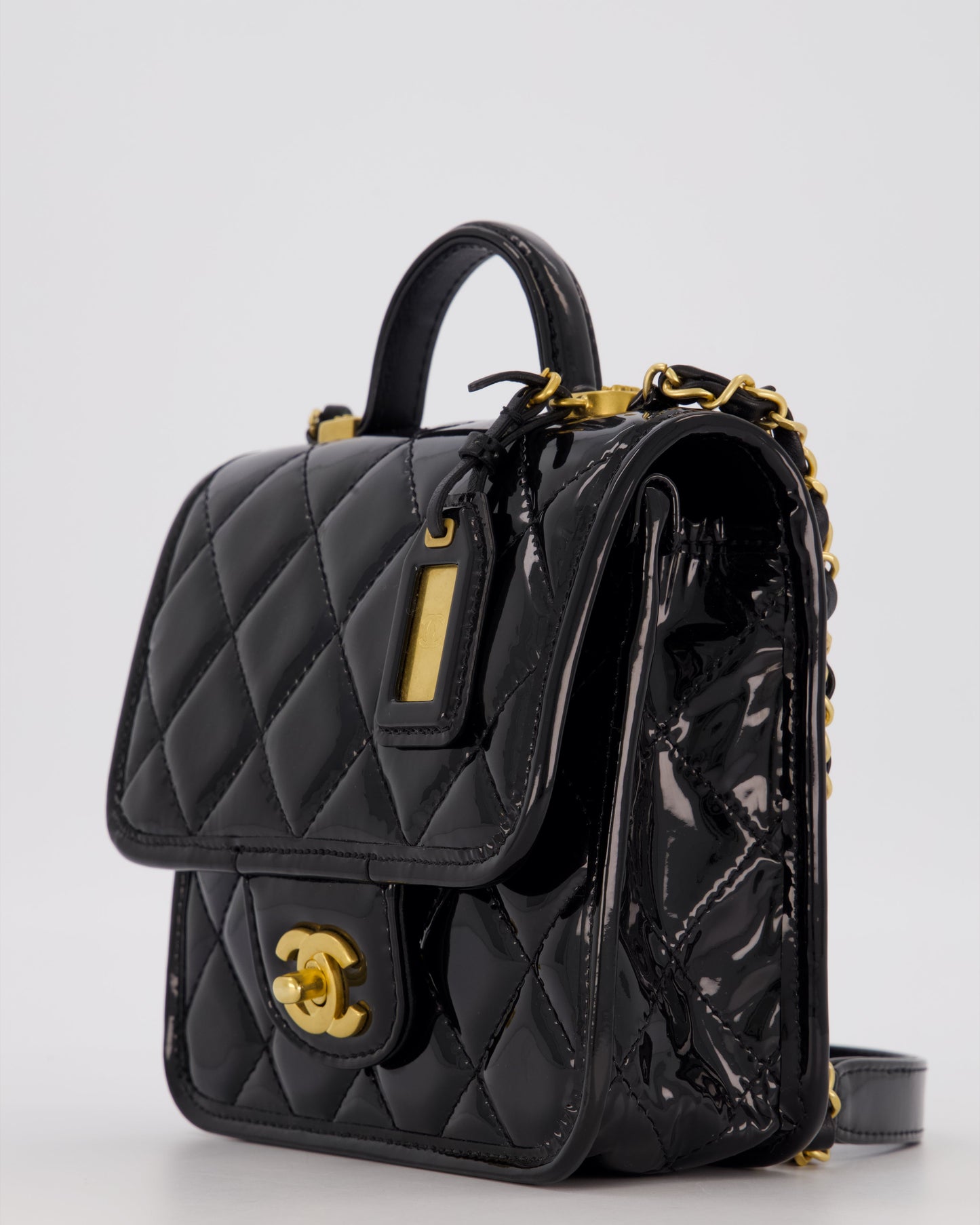 Chanel School Memory Square Top Handle Flap Bag in Black Patent Leather with Gold Hardware