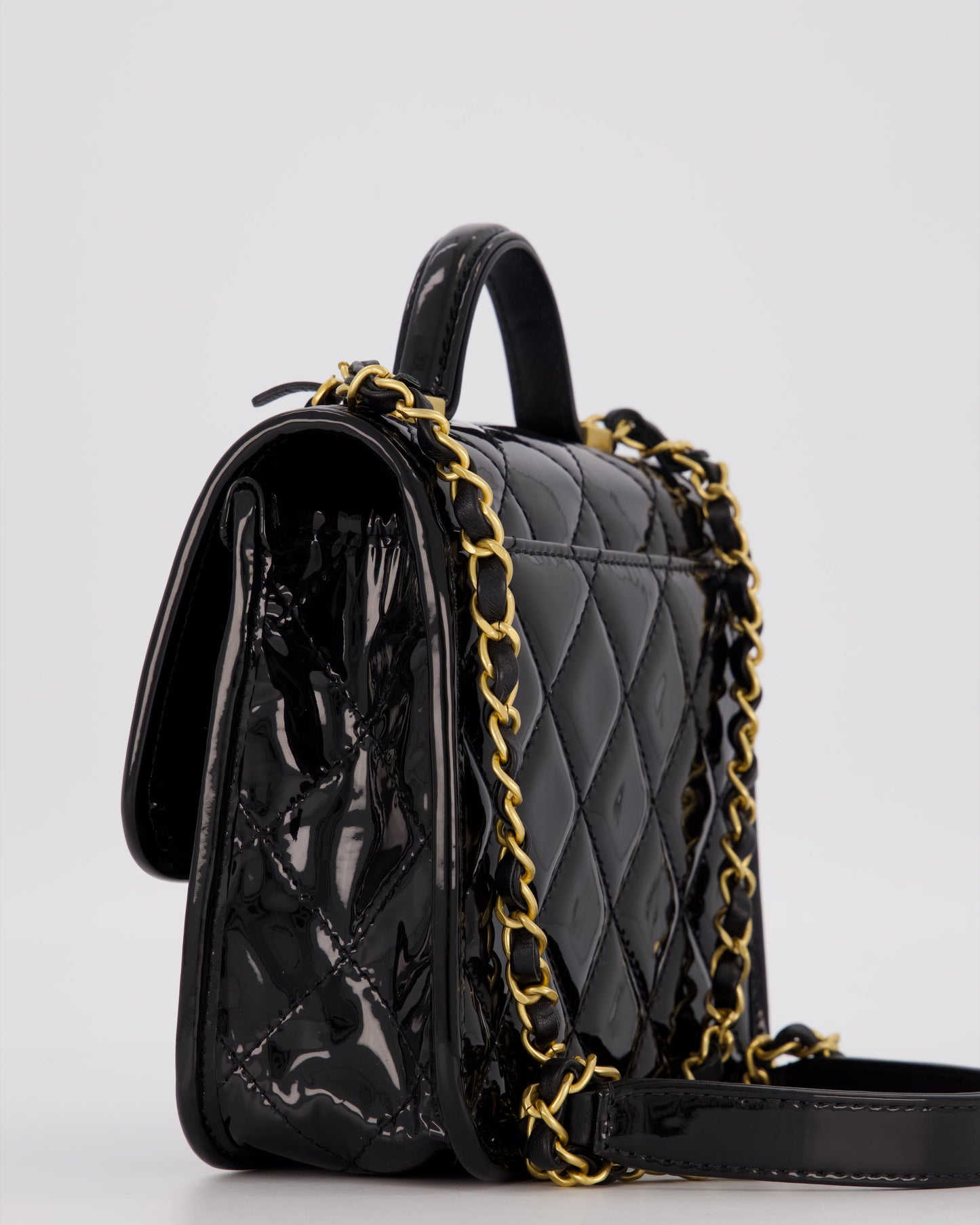 Chanel School Memory Square Top Handle Flap Bag in Black Patent Leather with Gold Hardware